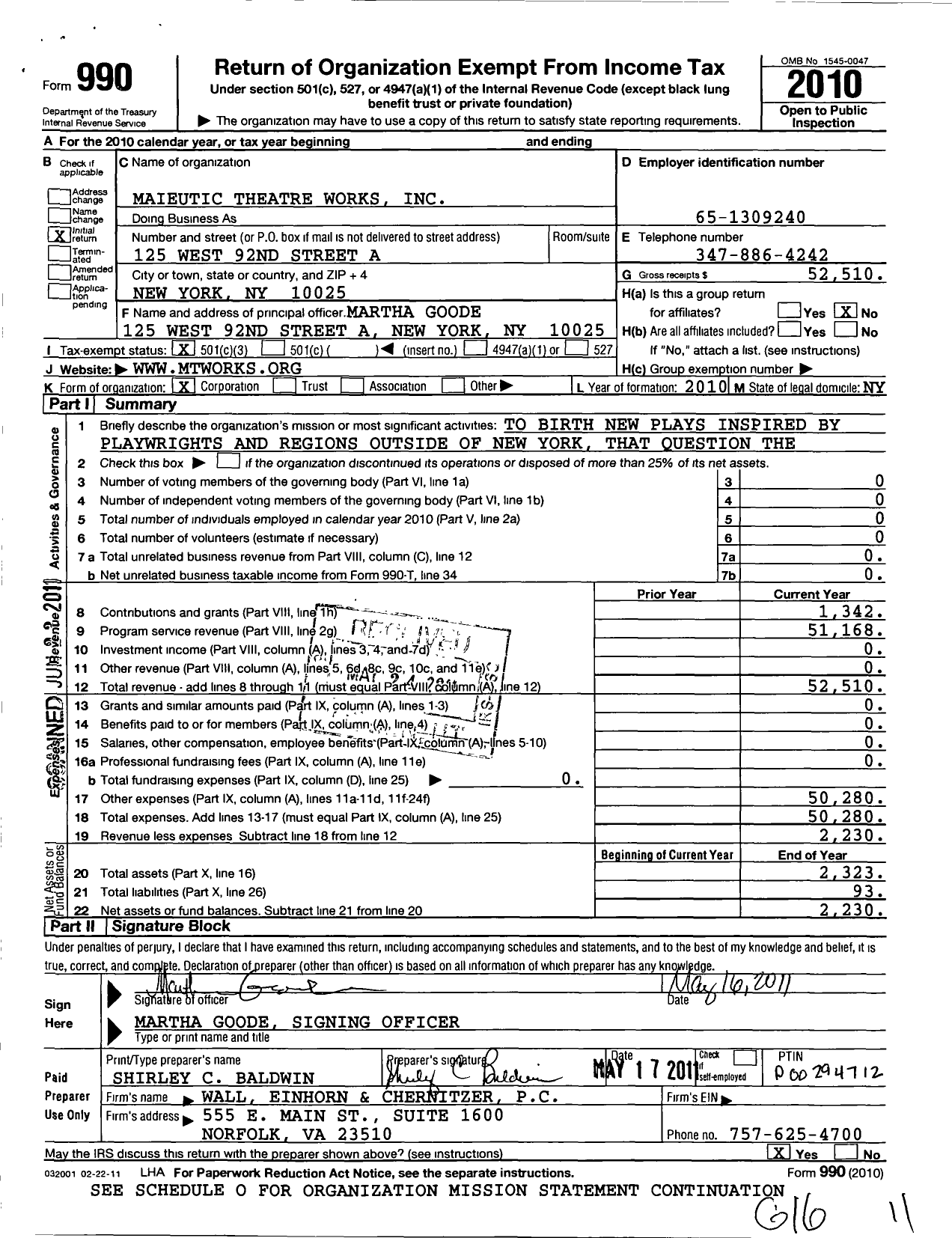 Image of first page of 2010 Form 990 for Maieutic Theatre Works