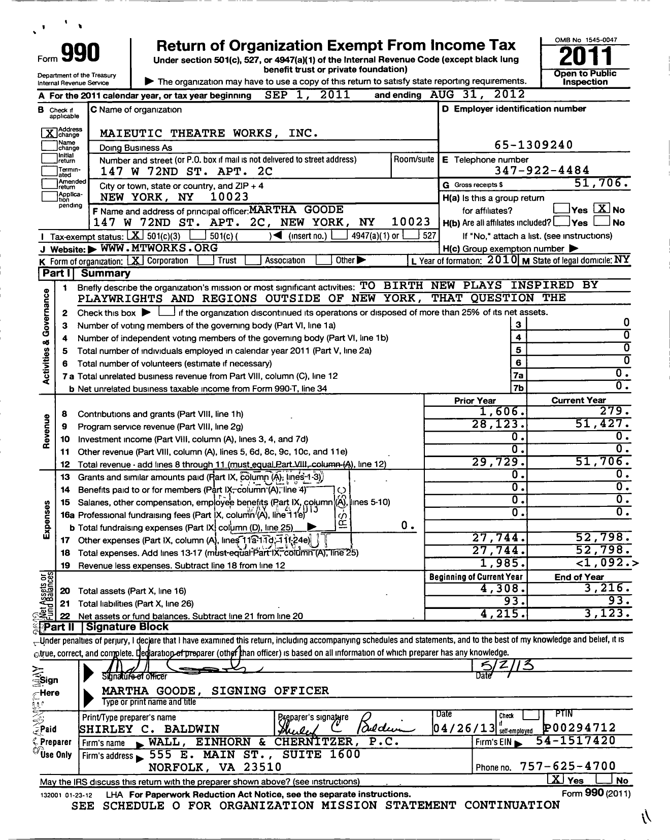 Image of first page of 2011 Form 990 for Maieutic Theatre Works