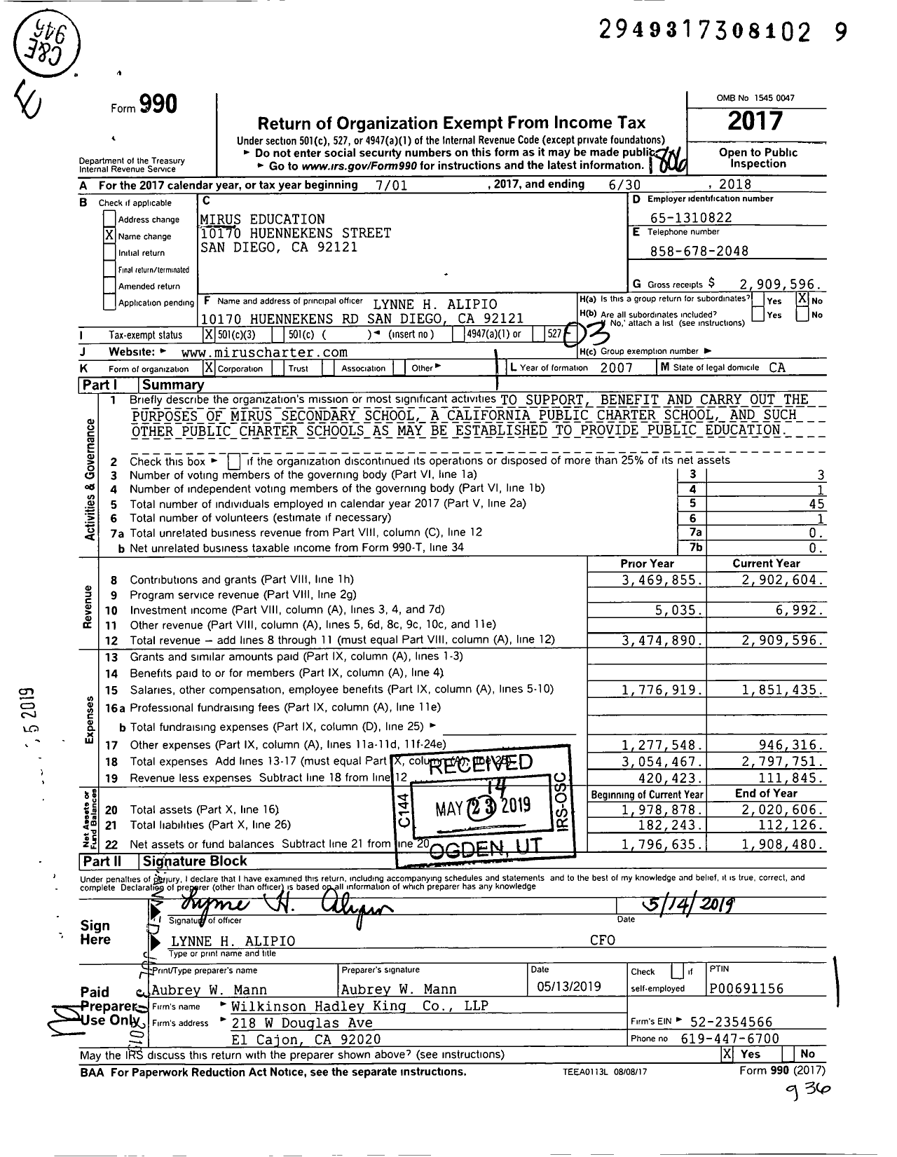 Image of first page of 2017 Form 990 for Mirus Education