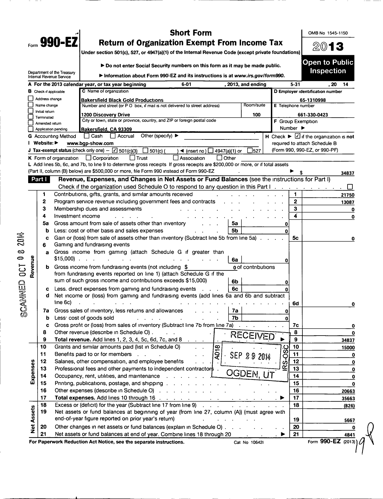 Image of first page of 2013 Form 990EZ for Bakersfield Black Gold Productions