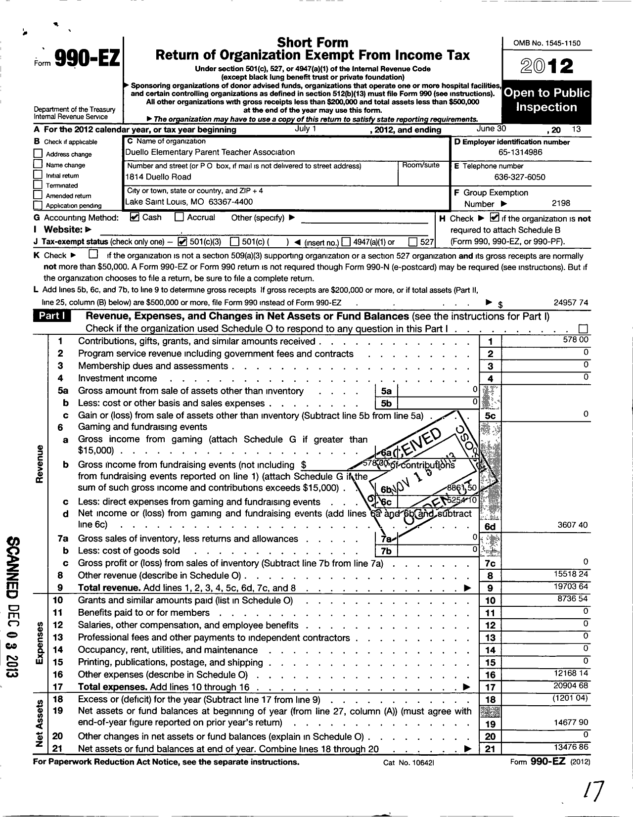 Image of first page of 2012 Form 990EZ for Duello Elementary PTA