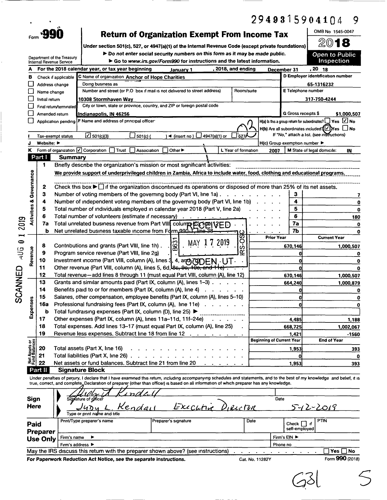 Image of first page of 2018 Form 990 for Anchor of Hope Charities