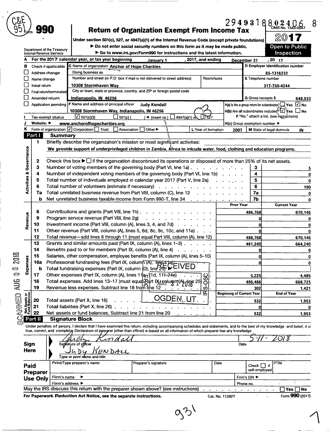 Image of first page of 2017 Form 990 for Anchor of Hope Charities