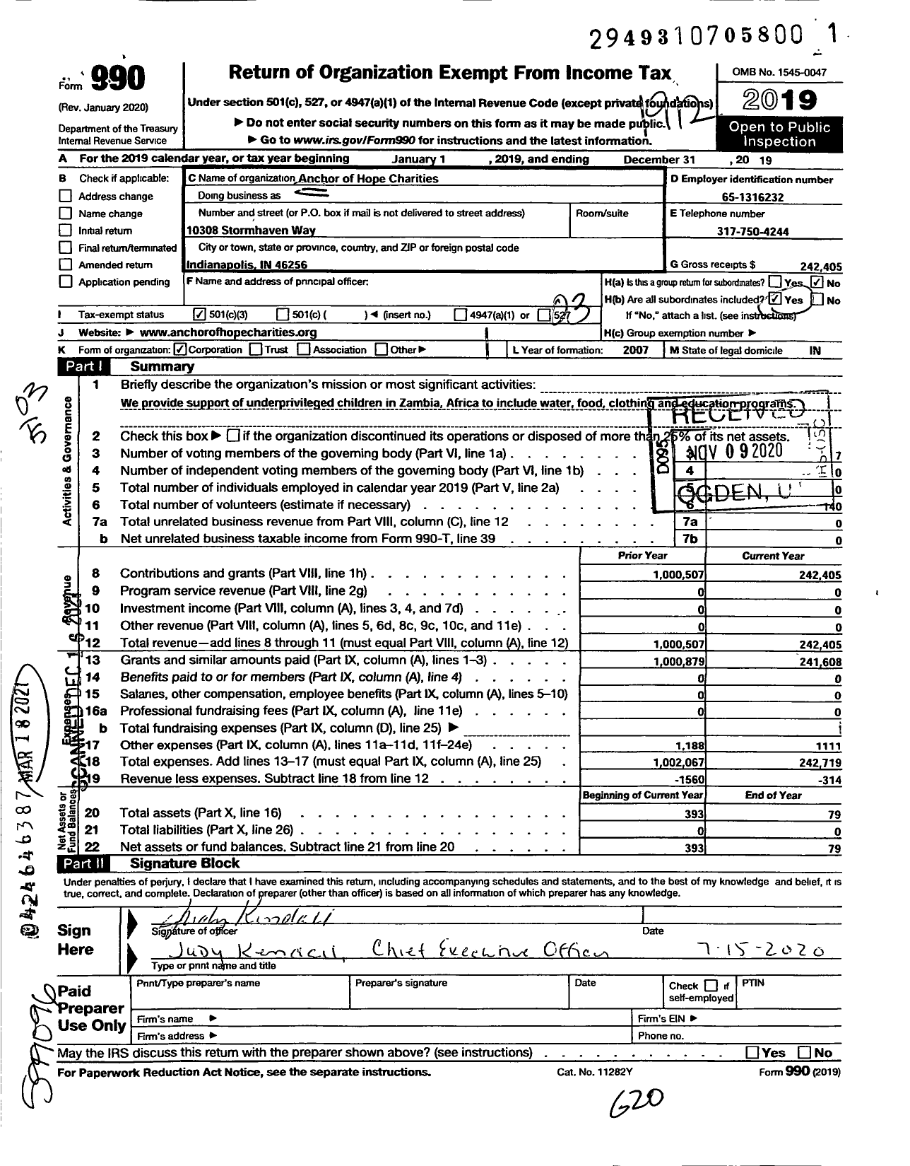 Image of first page of 2019 Form 990 for Anchor of Hope Charities