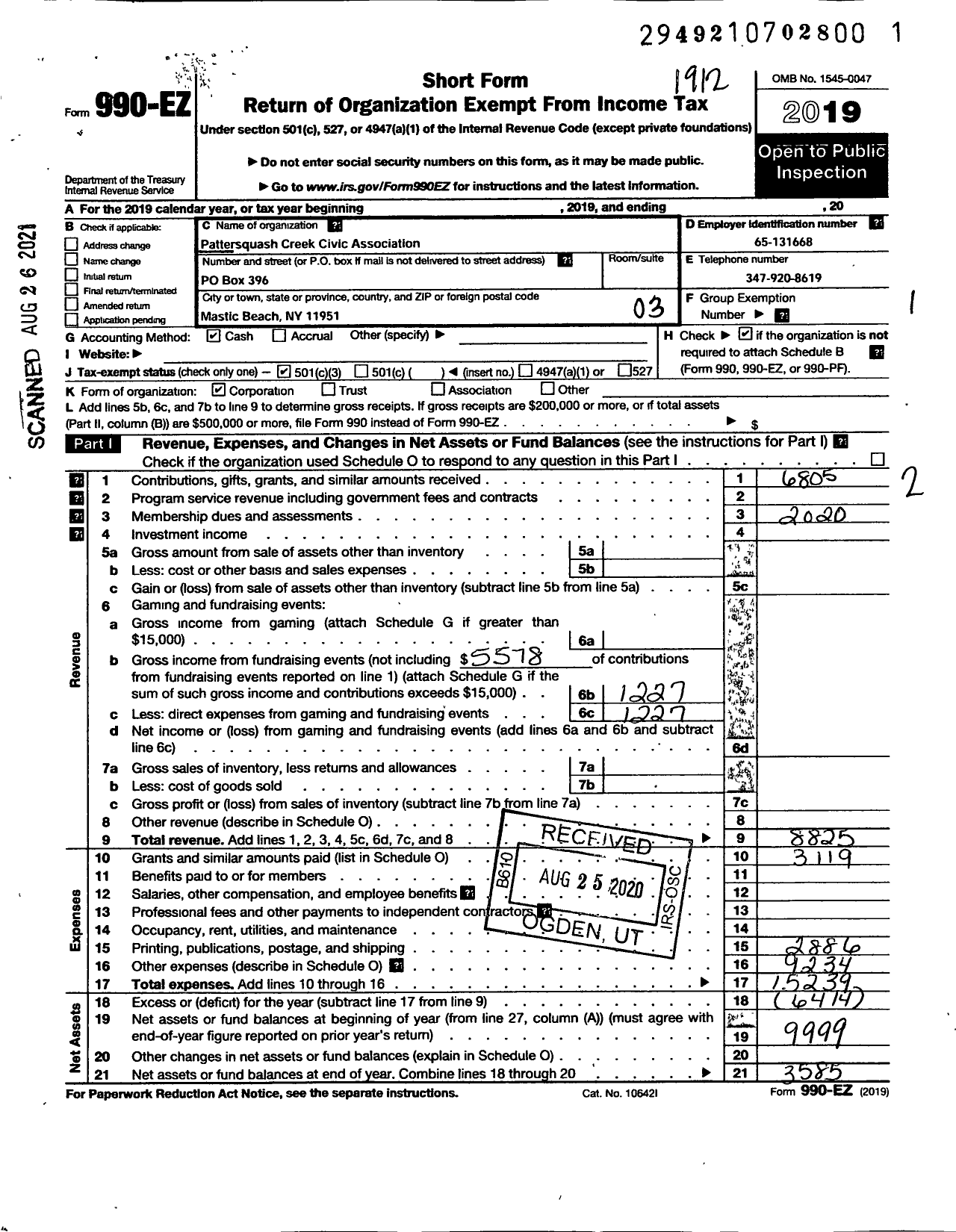 Image of first page of 2019 Form 990EZ for Pattersquash Creek Civic Association