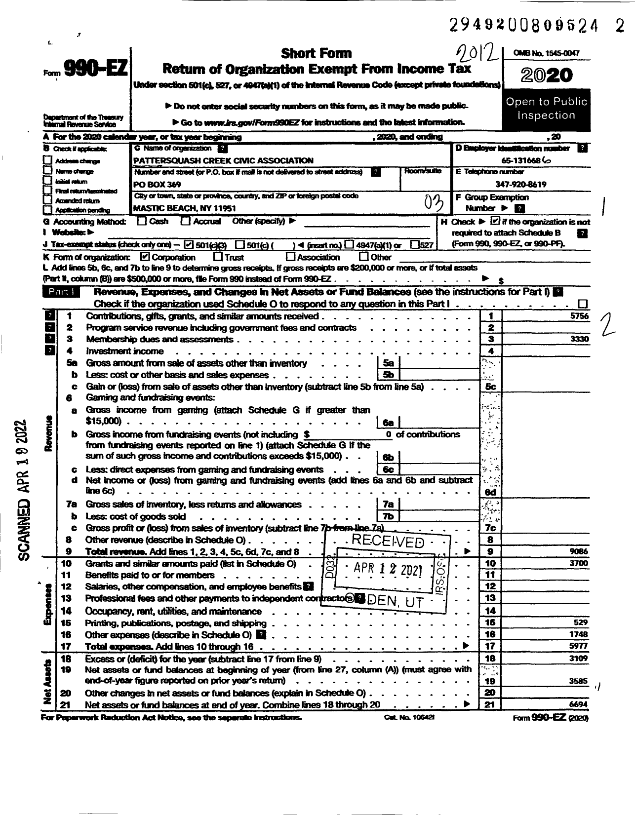 Image of first page of 2020 Form 990EZ for Pattersquash Creek Civic Association