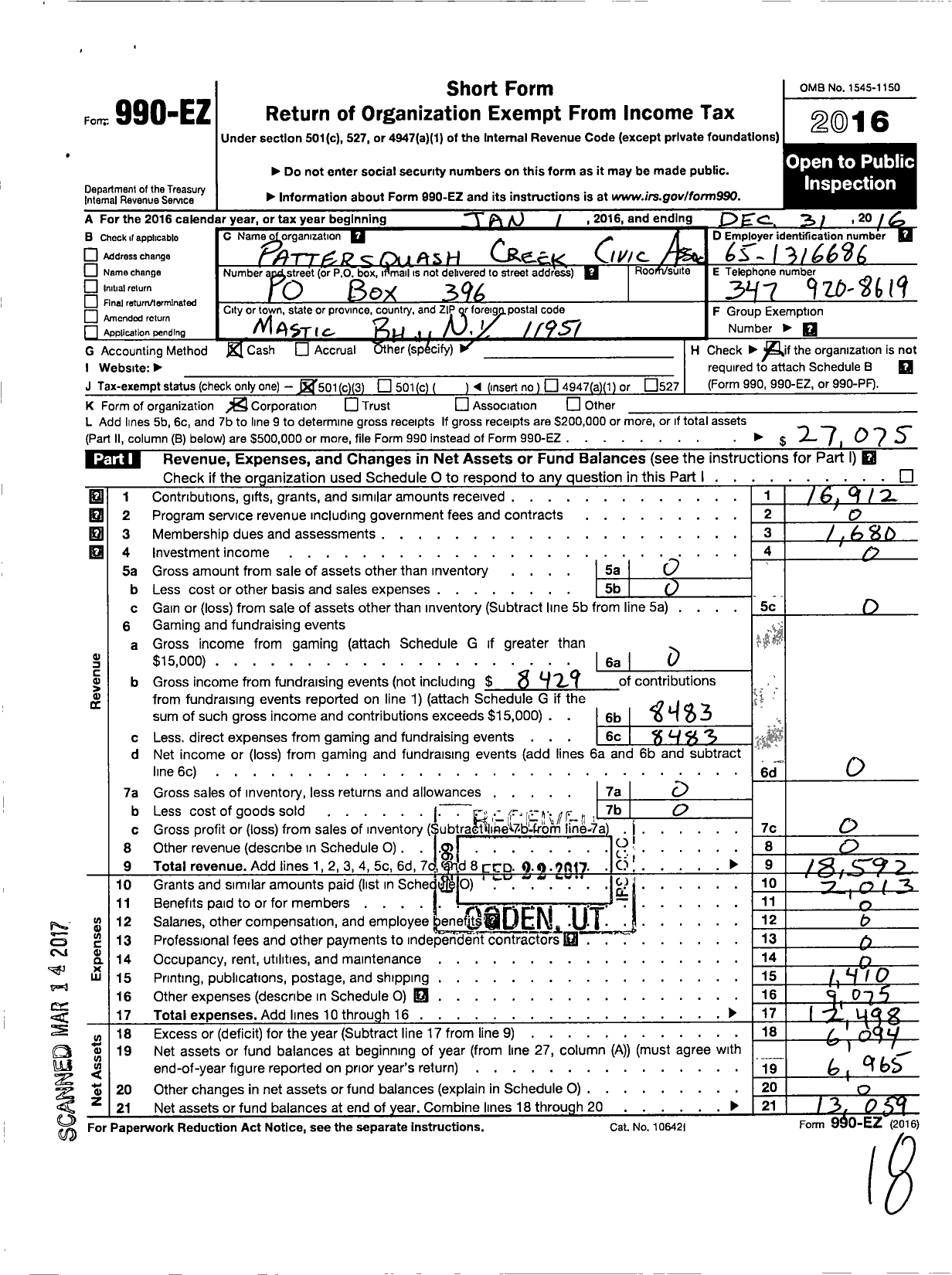 Image of first page of 2016 Form 990EZ for Pattersquash Creek Civic Association