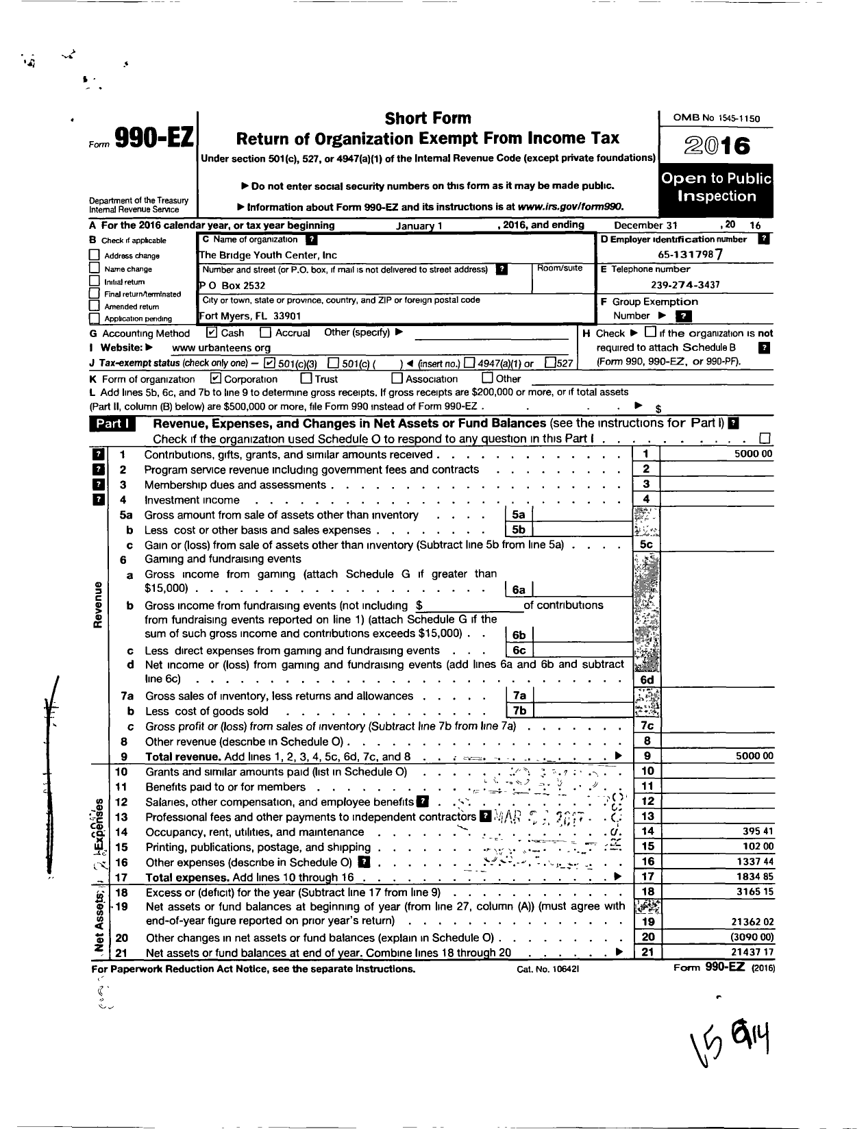 Image of first page of 2016 Form 990EZ for The Bridge Youth Center