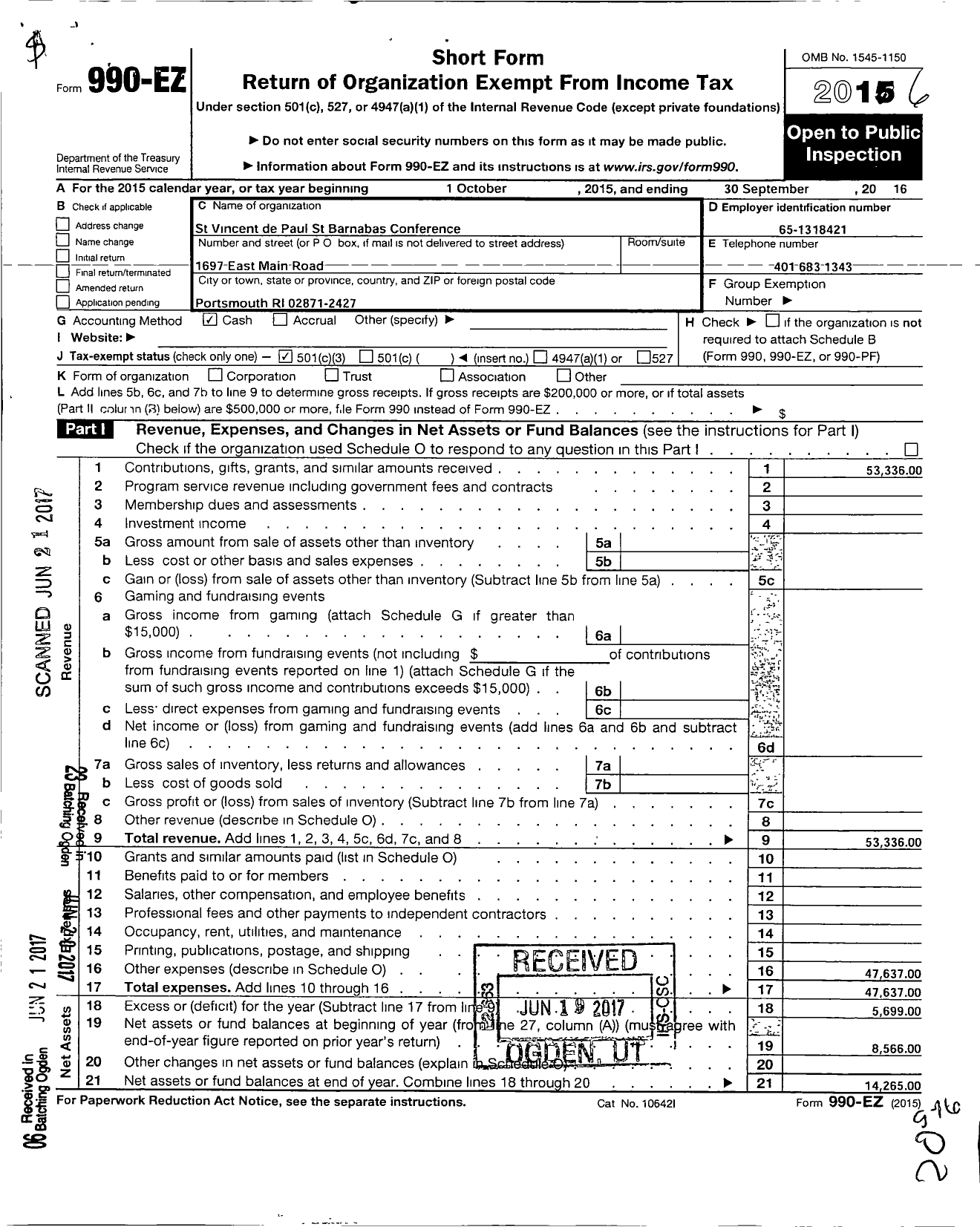 Image of first page of 2015 Form 990EZ for St Vincent de Paul St Barnabas Conference