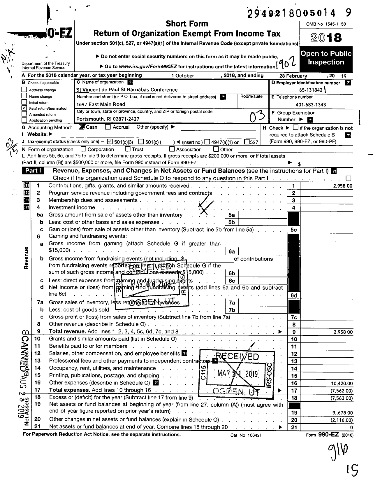 Image of first page of 2018 Form 990EZ for St Vincent de Paul St Barnabas Conference