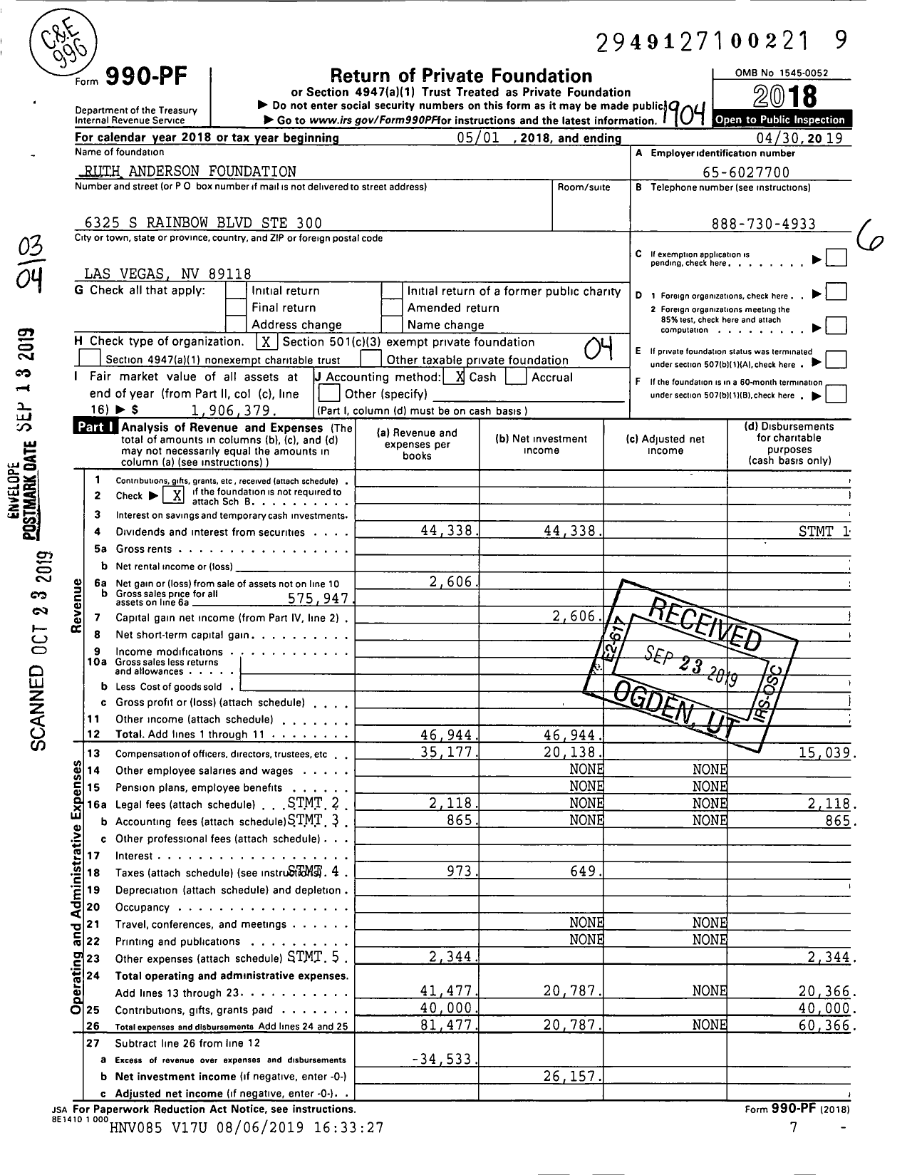 Image of first page of 2018 Form 990PF for Ruth Anderson Foundation