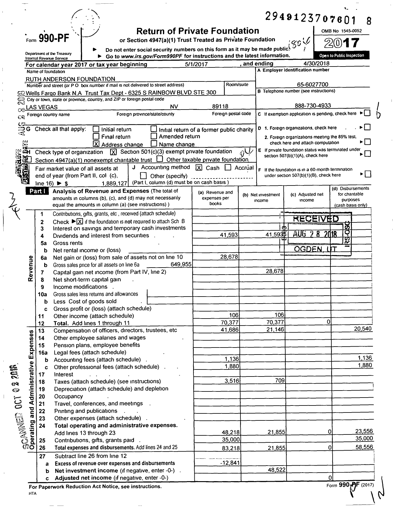 Image of first page of 2017 Form 990PF for Ruth Anderson Foundation