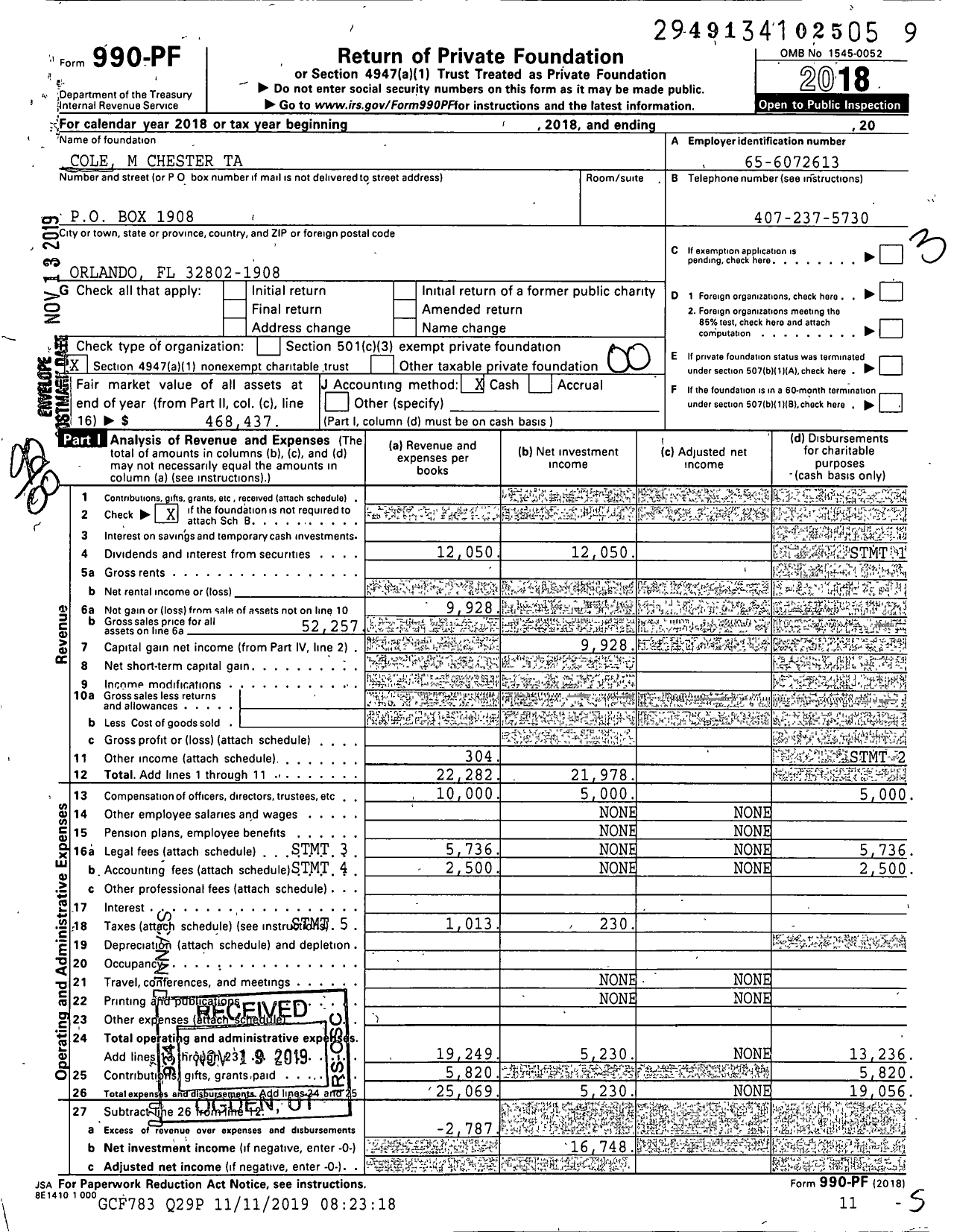 Image of first page of 2018 Form 990PF for Cole M Chester Ta