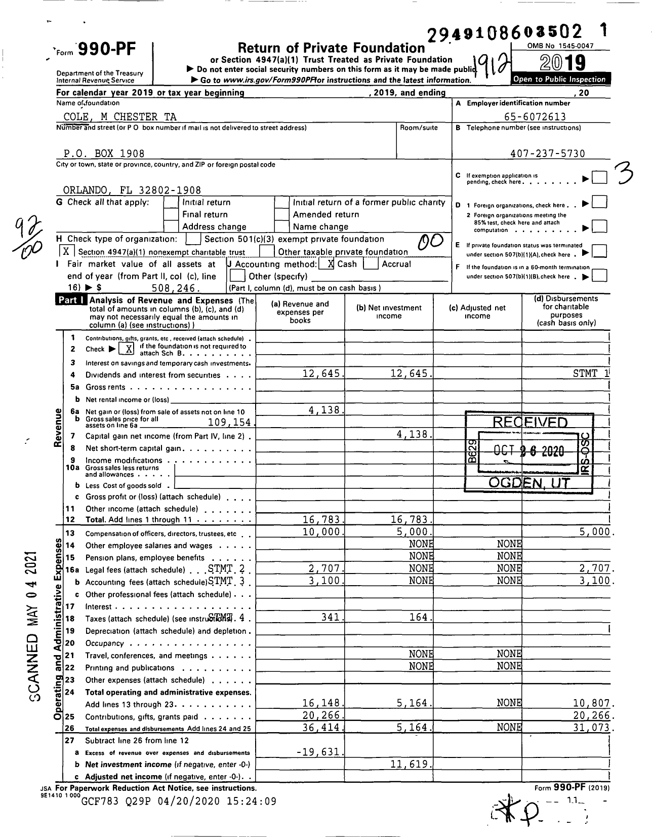 Image of first page of 2019 Form 990PF for Cole M Chester Ta