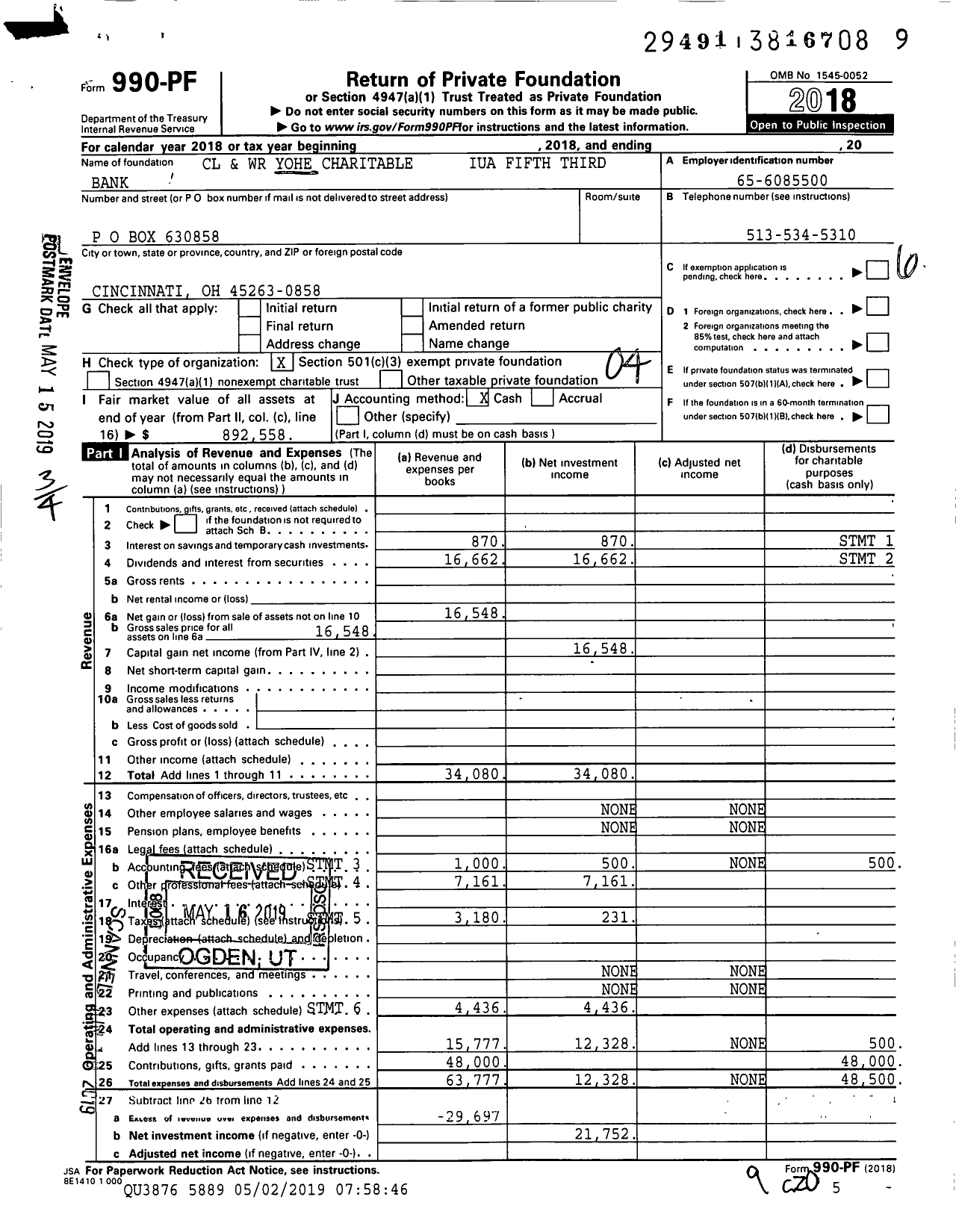 Image of first page of 2018 Form 990PF for CL and WR Yohe Charitable Iua Fifth Third