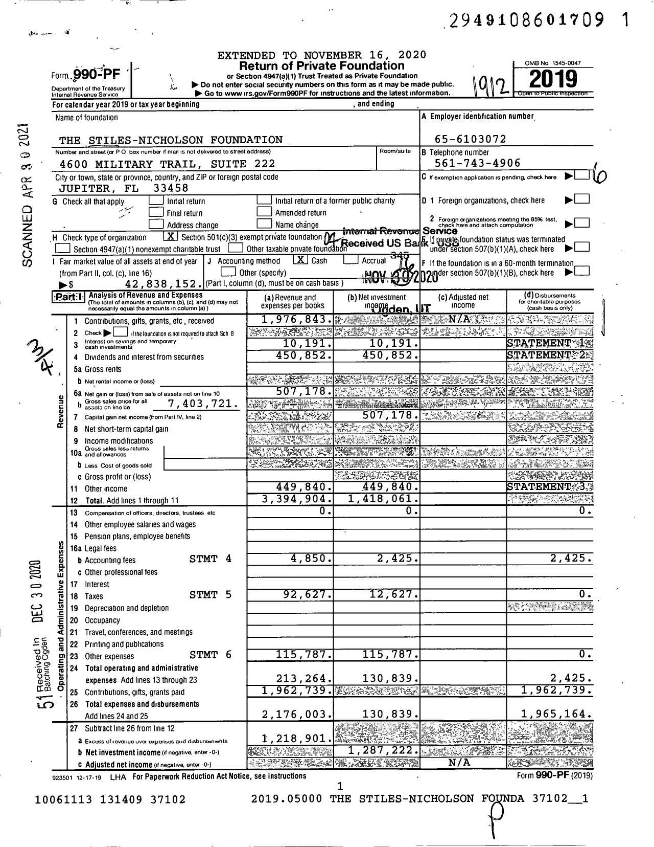 Image of first page of 2019 Form 990PF for The Stiles-Nicholson Foundation