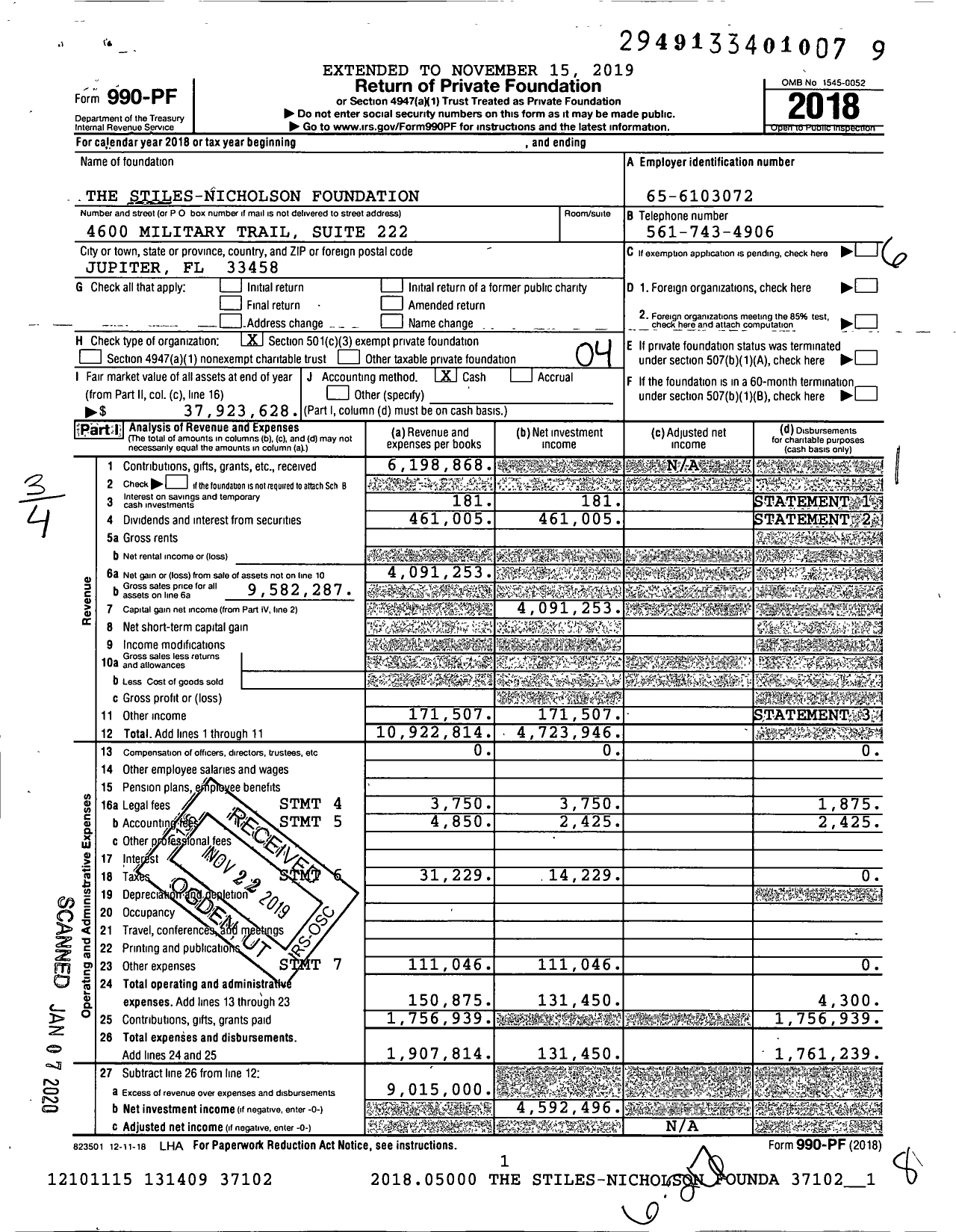 Image of first page of 2018 Form 990PF for The Stiles-Nicholson Foundation