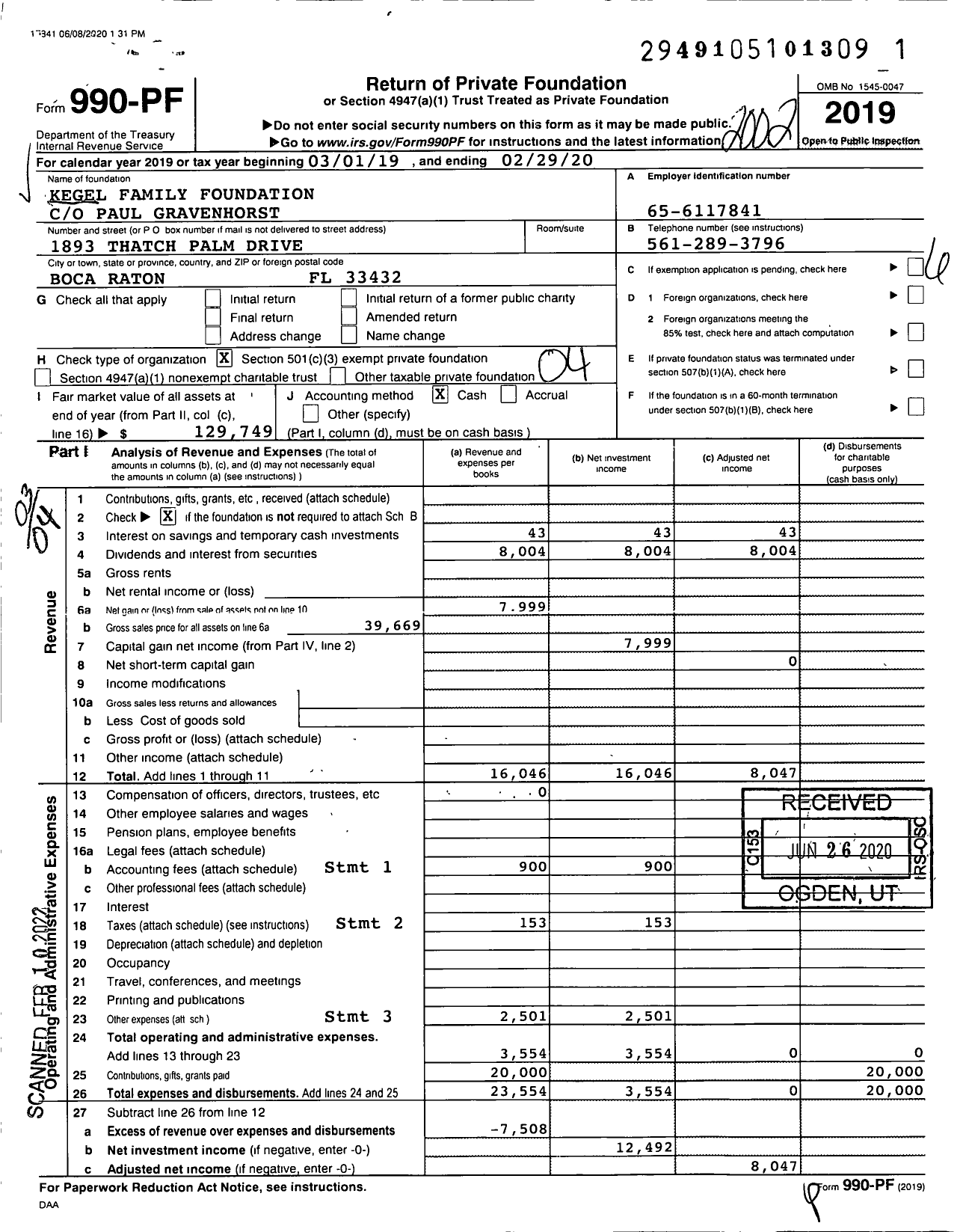 Image of first page of 2019 Form 990PF for Kegel Family Foundation