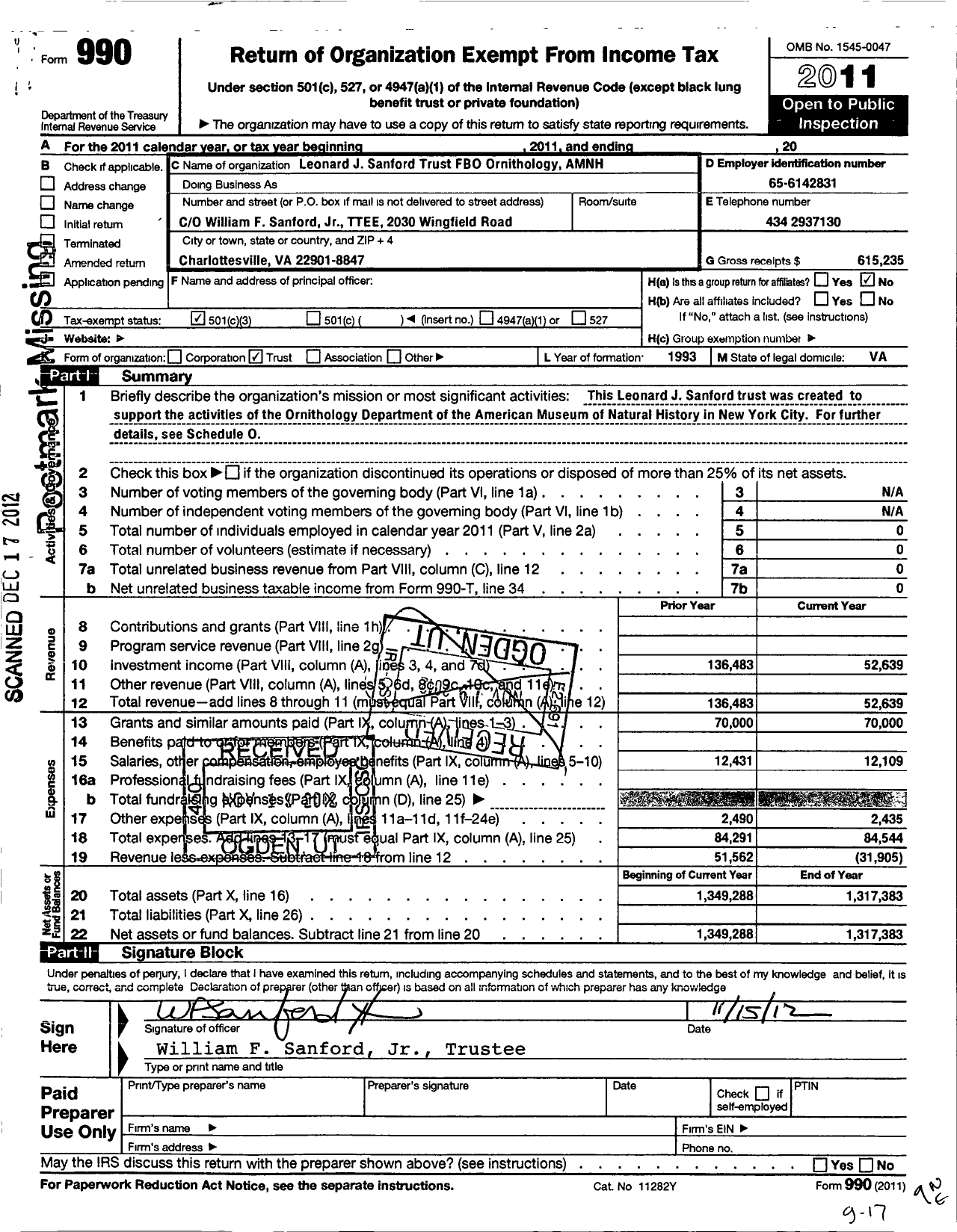 Image of first page of 2011 Form 990 for LJ Sanford TR Fbo American Museum