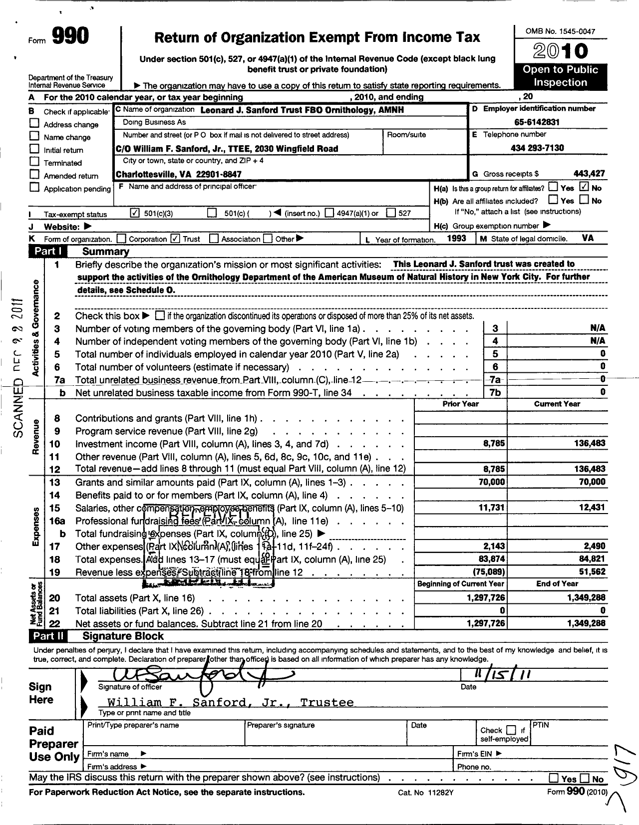 Image of first page of 2010 Form 990 for LJ Sanford TR Fbo American Museum