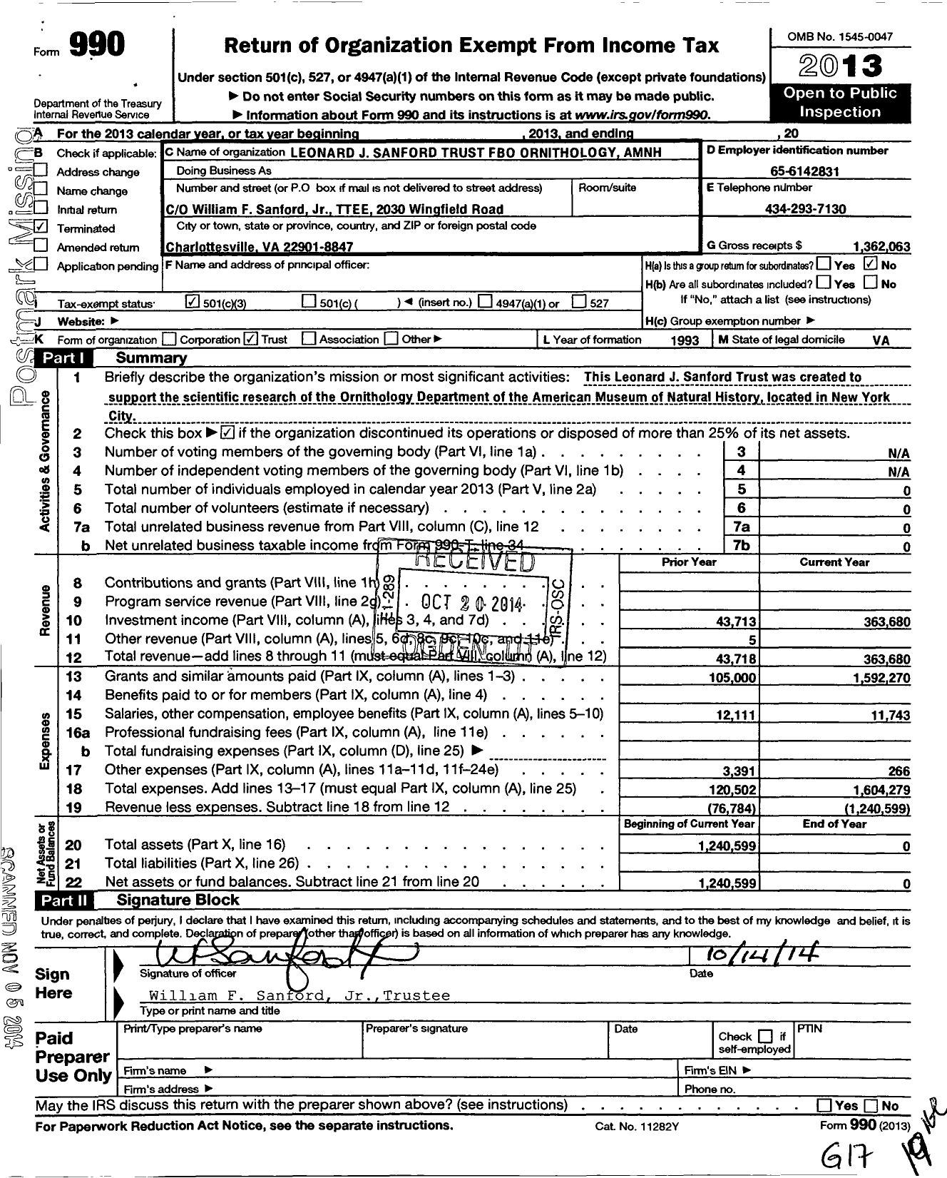 Image of first page of 2013 Form 990 for LJ Sanford TR Fbo American Museum