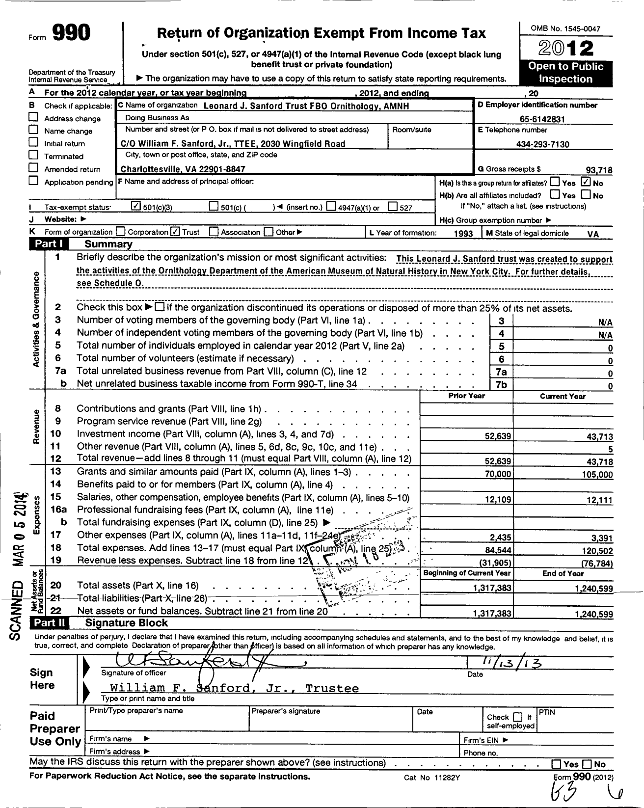 Image of first page of 2012 Form 990 for LJ Sanford TR Fbo American Museum