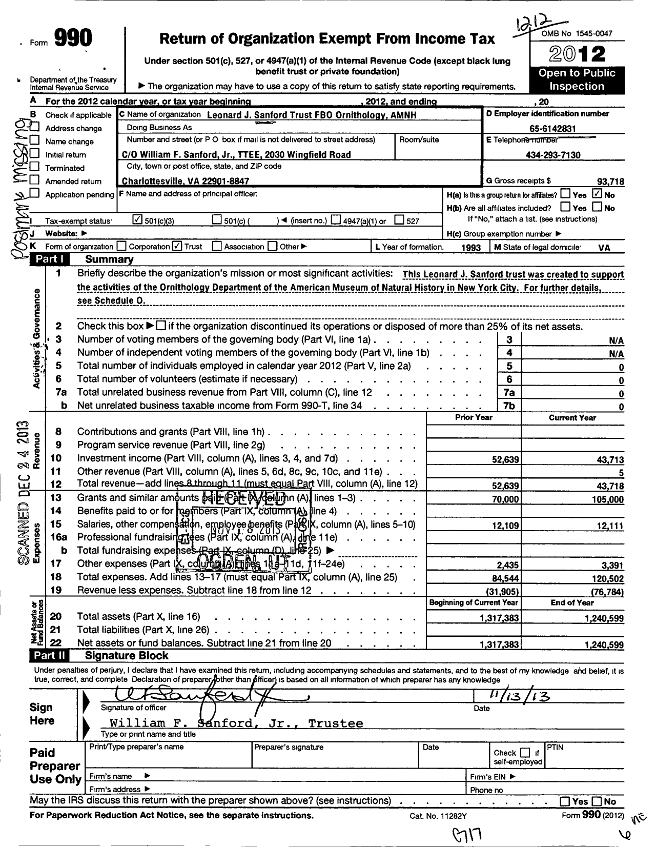 Image of first page of 2012 Form 990 for LJ Sanford TR Fbo American Museum