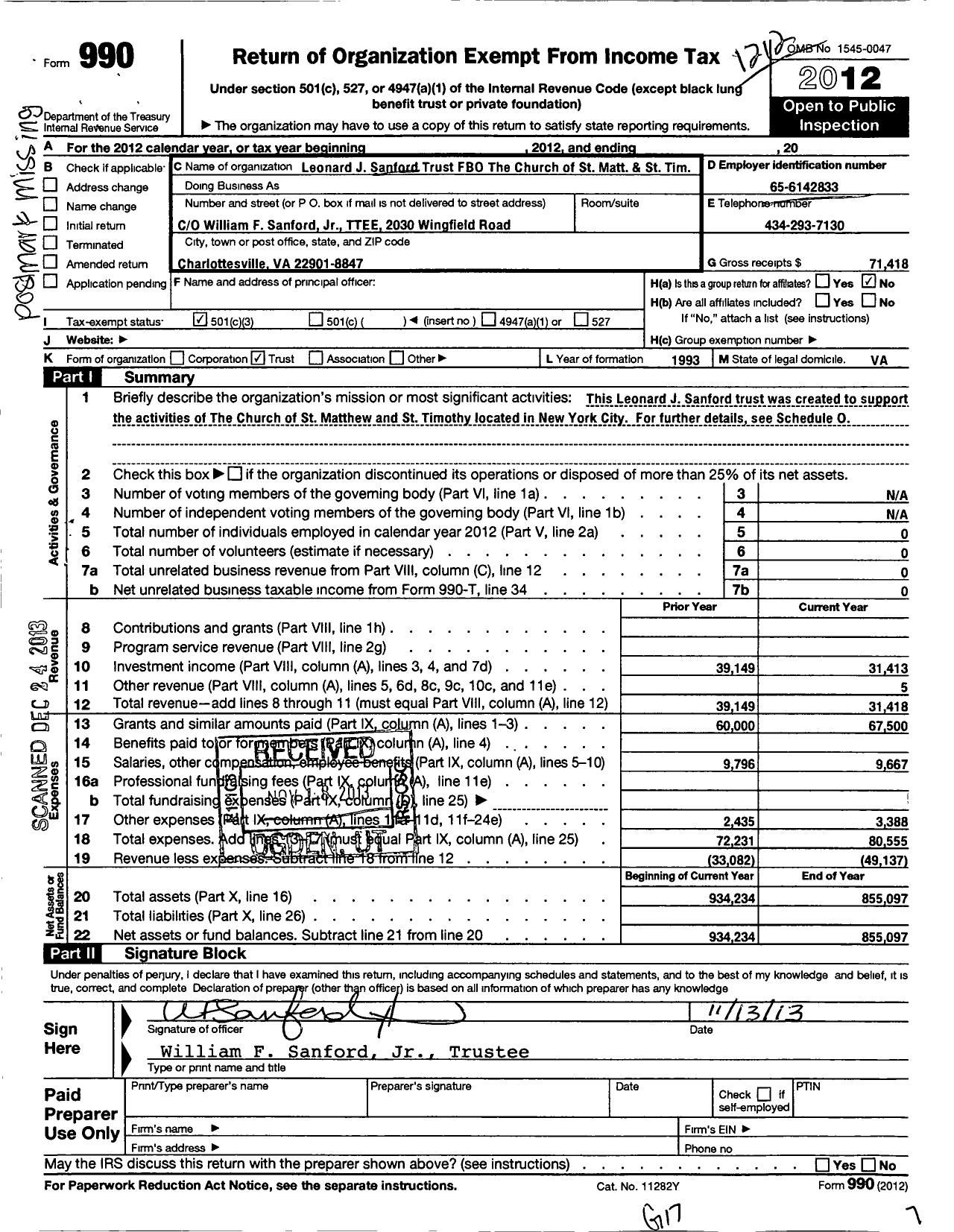 Image of first page of 2012 Form 990 for LJ Sanford TR Fbo St Matthew and