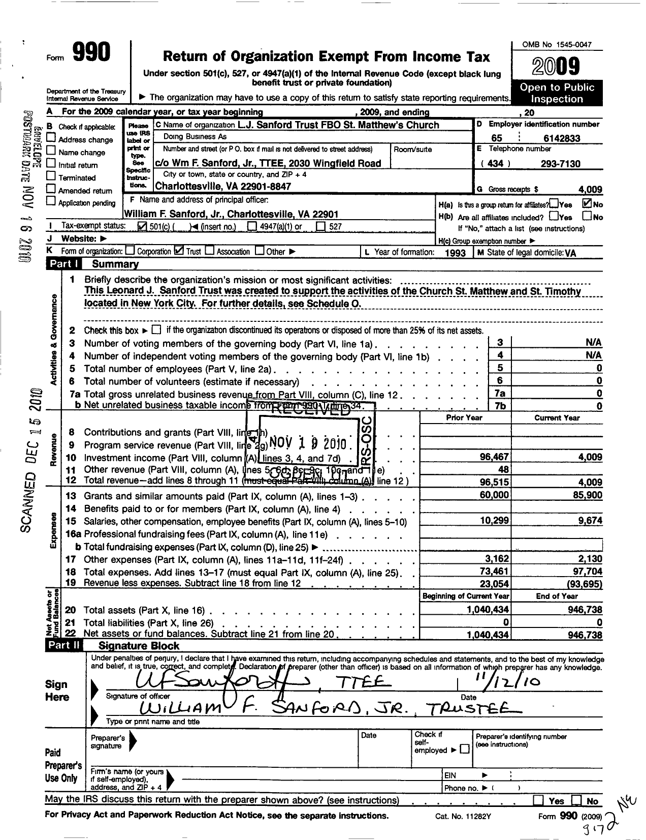 Image of first page of 2009 Form 990O for LJ Sanford TR Fbo St Matthew and