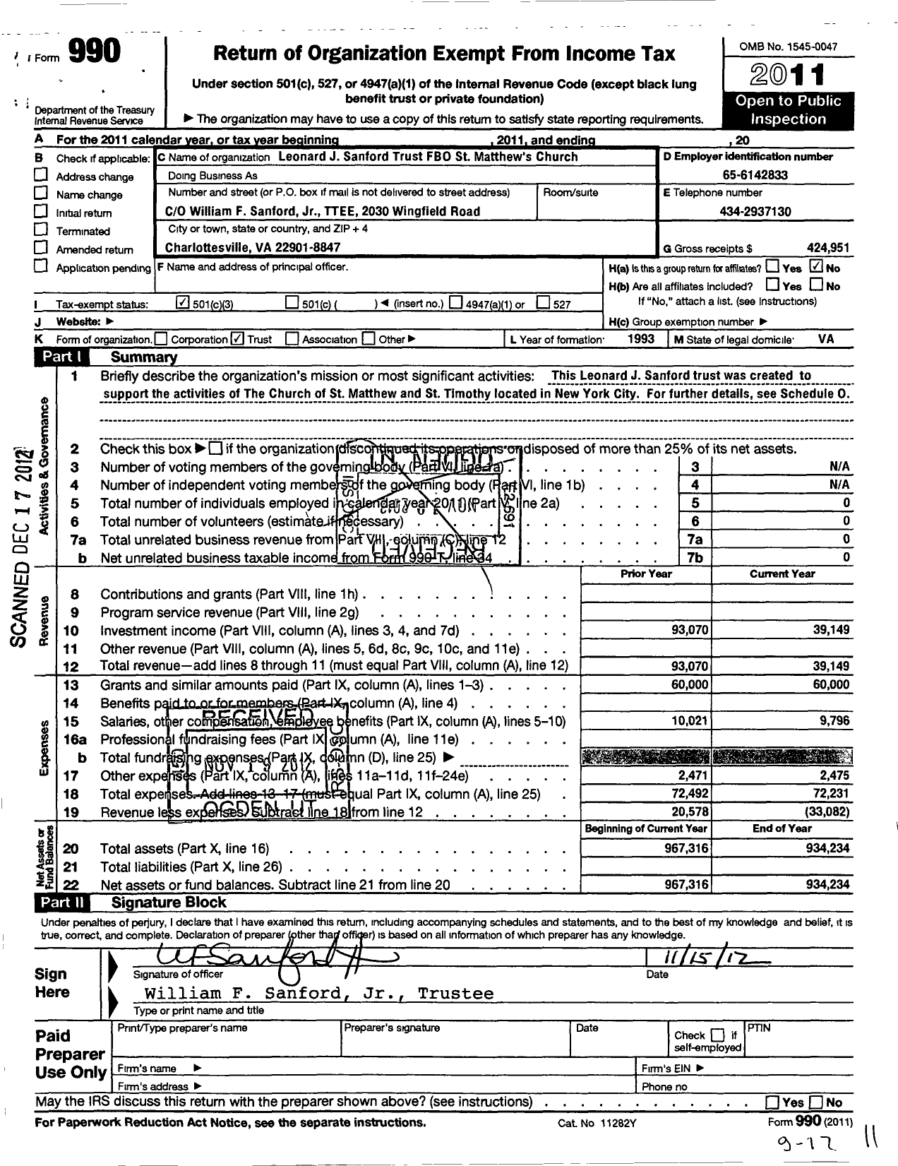 Image of first page of 2011 Form 990 for LJ Sanford TR Fbo St Matthew and