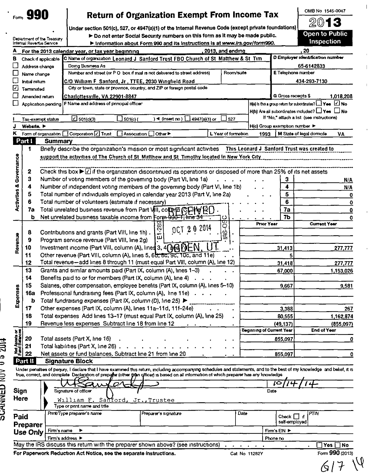 Image of first page of 2013 Form 990 for LJ Sanford TR Fbo St Matthew and