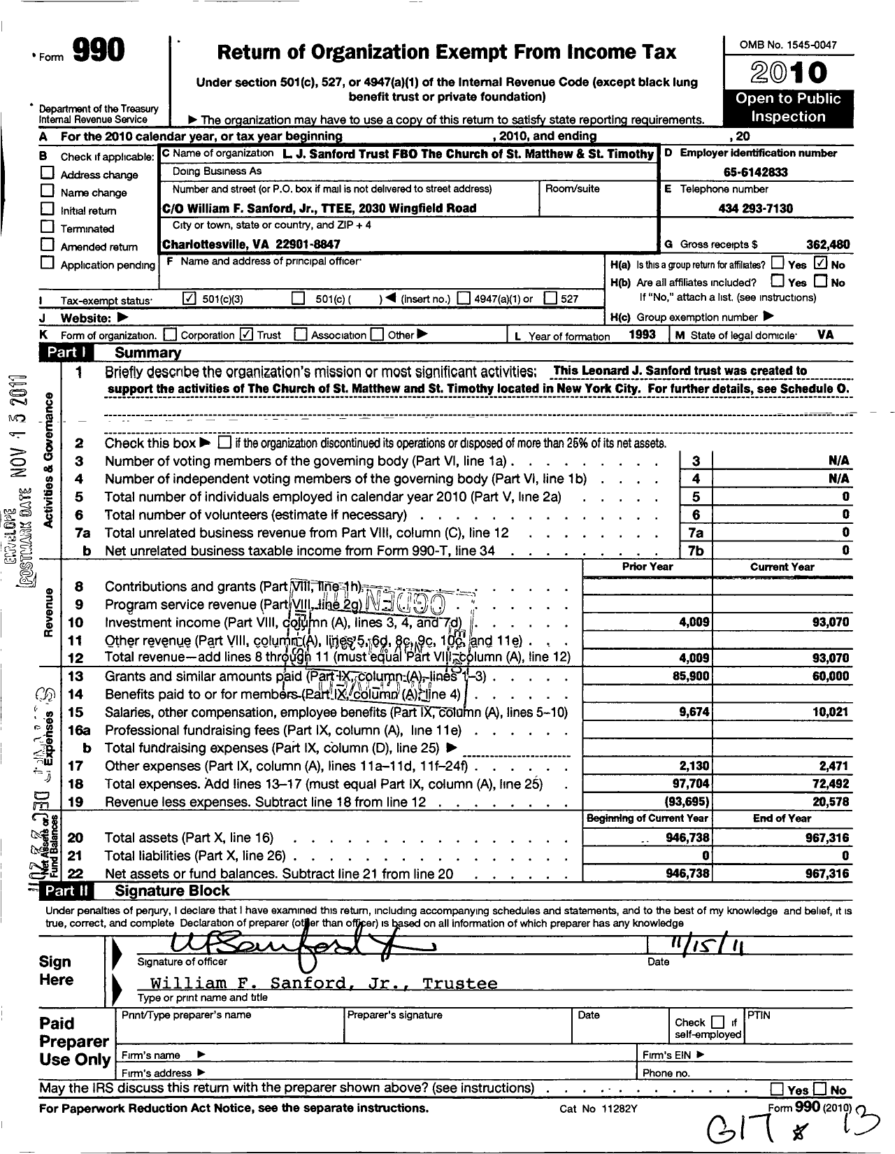 Image of first page of 2010 Form 990 for LJ Sanford TR Fbo St Matthew and