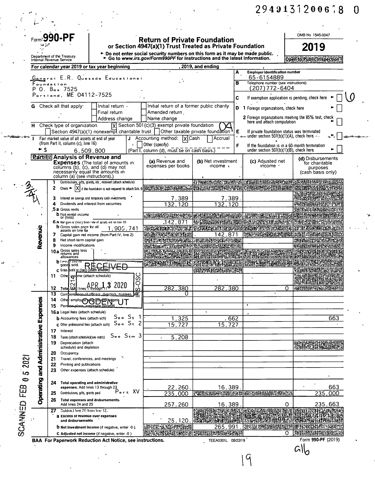 Image of first page of 2019 Form 990PF for General ER R Quesada Educational Foundation