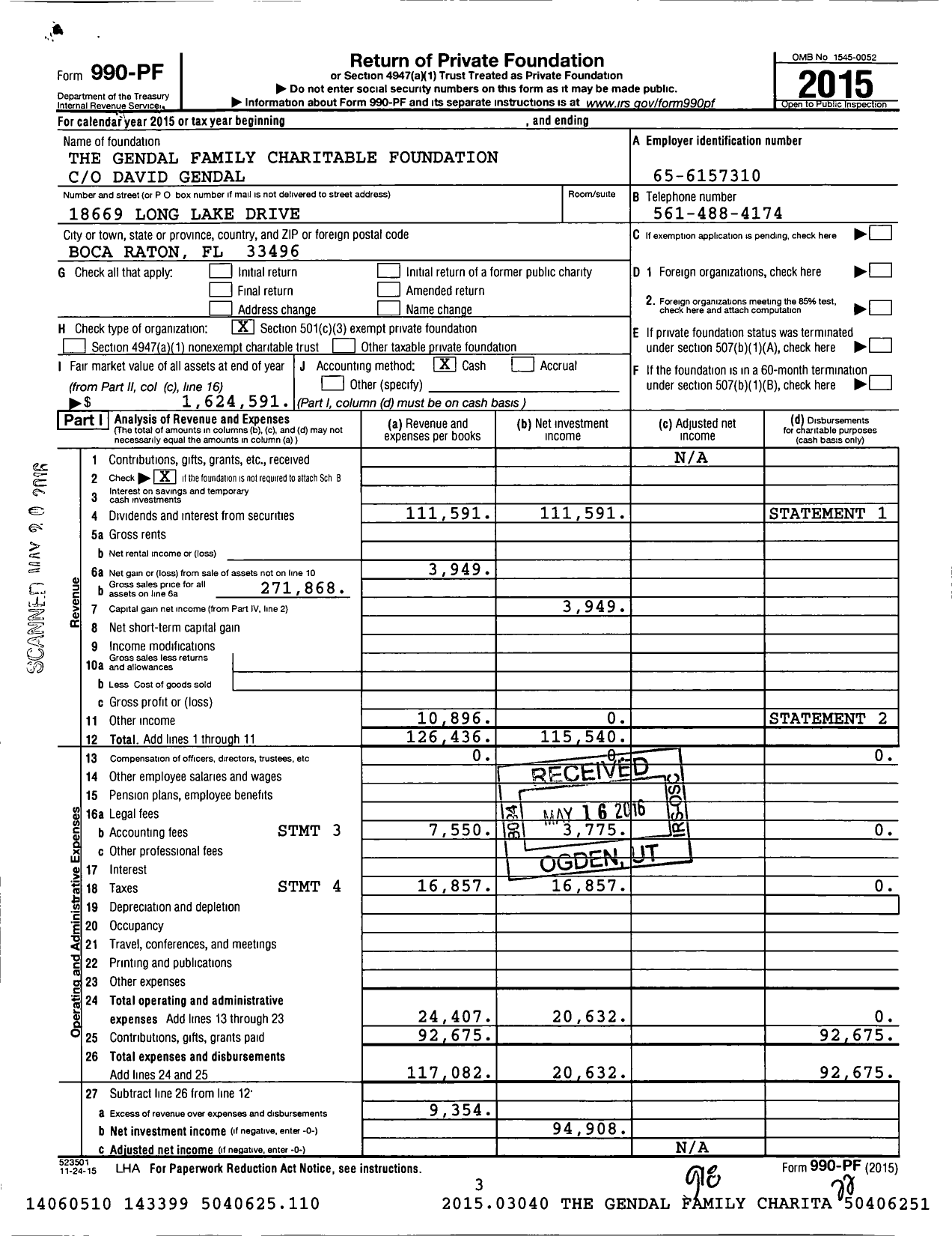 Image of first page of 2015 Form 990PF for The Gendal Family Charitable Foundation