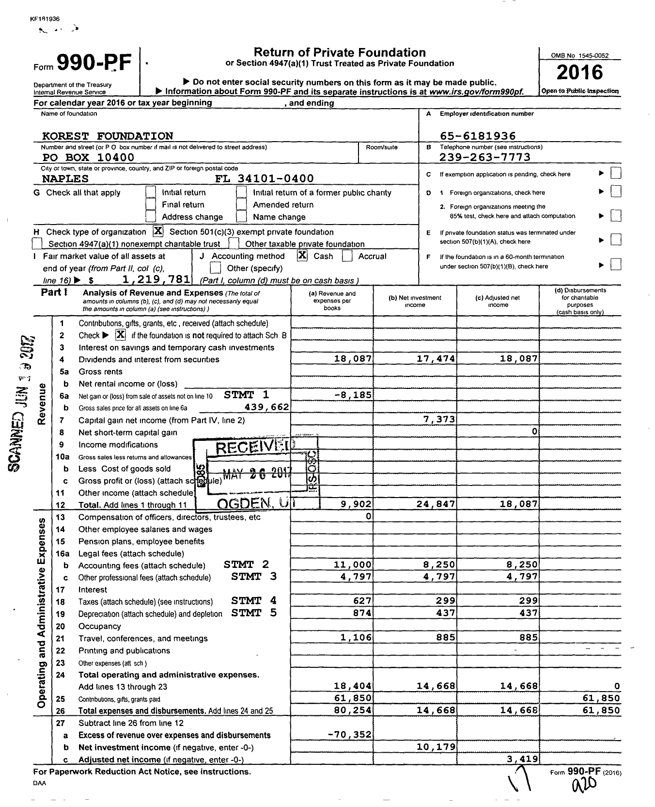 Image of first page of 2016 Form 990PF for Korest Foundation