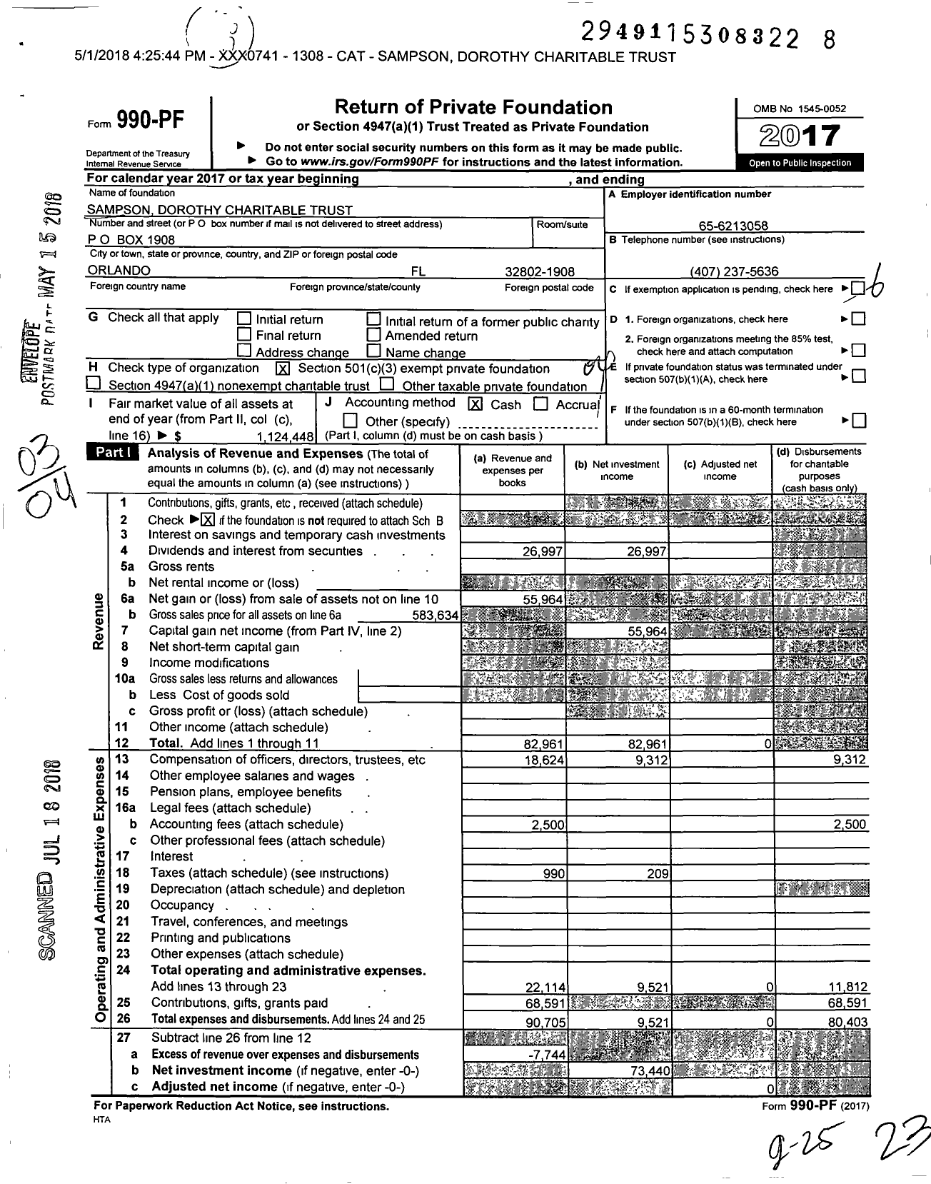 Image of first page of 2017 Form 990PF for Dorothy Sampson Charitable Trust