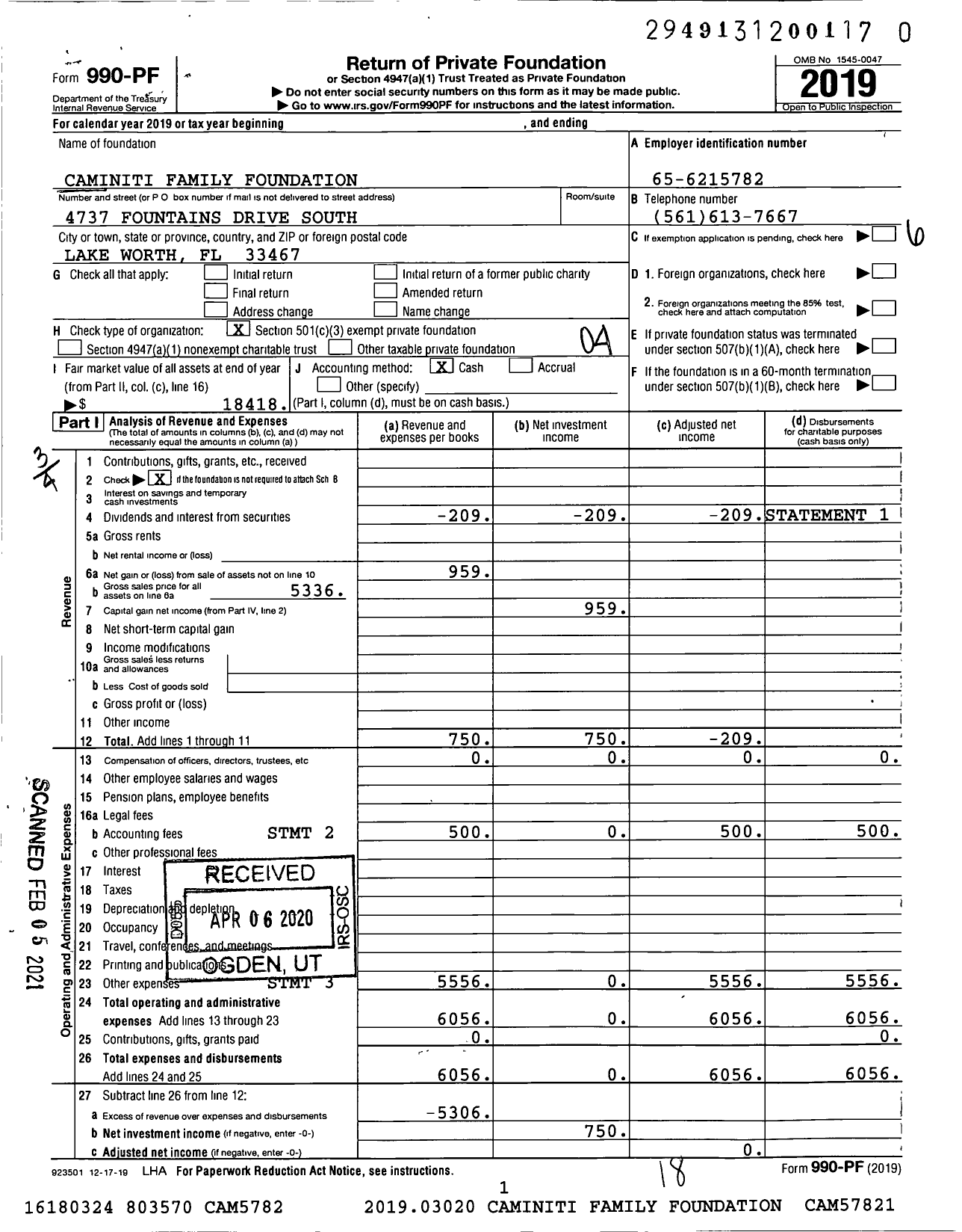 Image of first page of 2019 Form 990PF for Caminiti Family Foundation