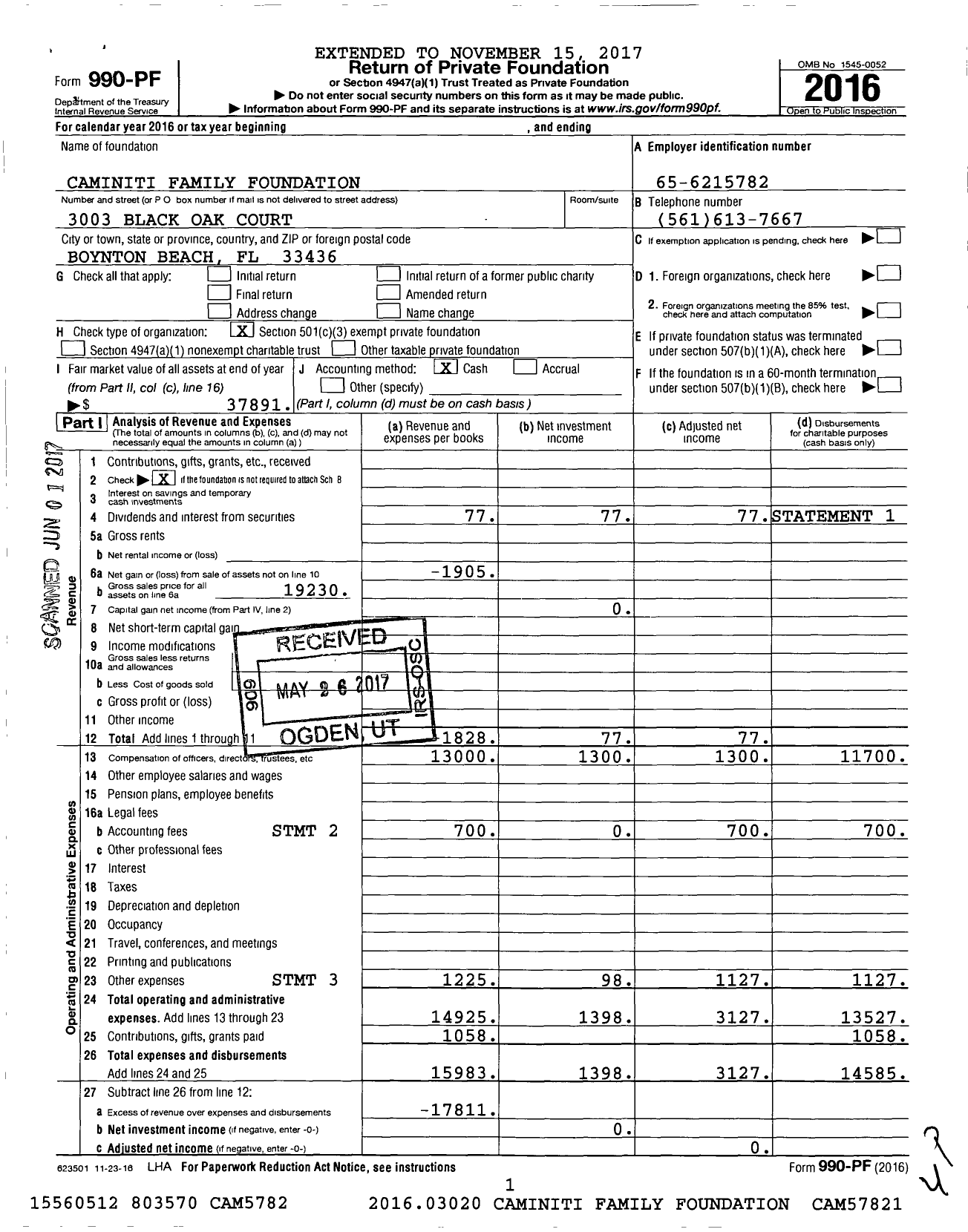 Image of first page of 2016 Form 990PF for Caminiti Family Foundation