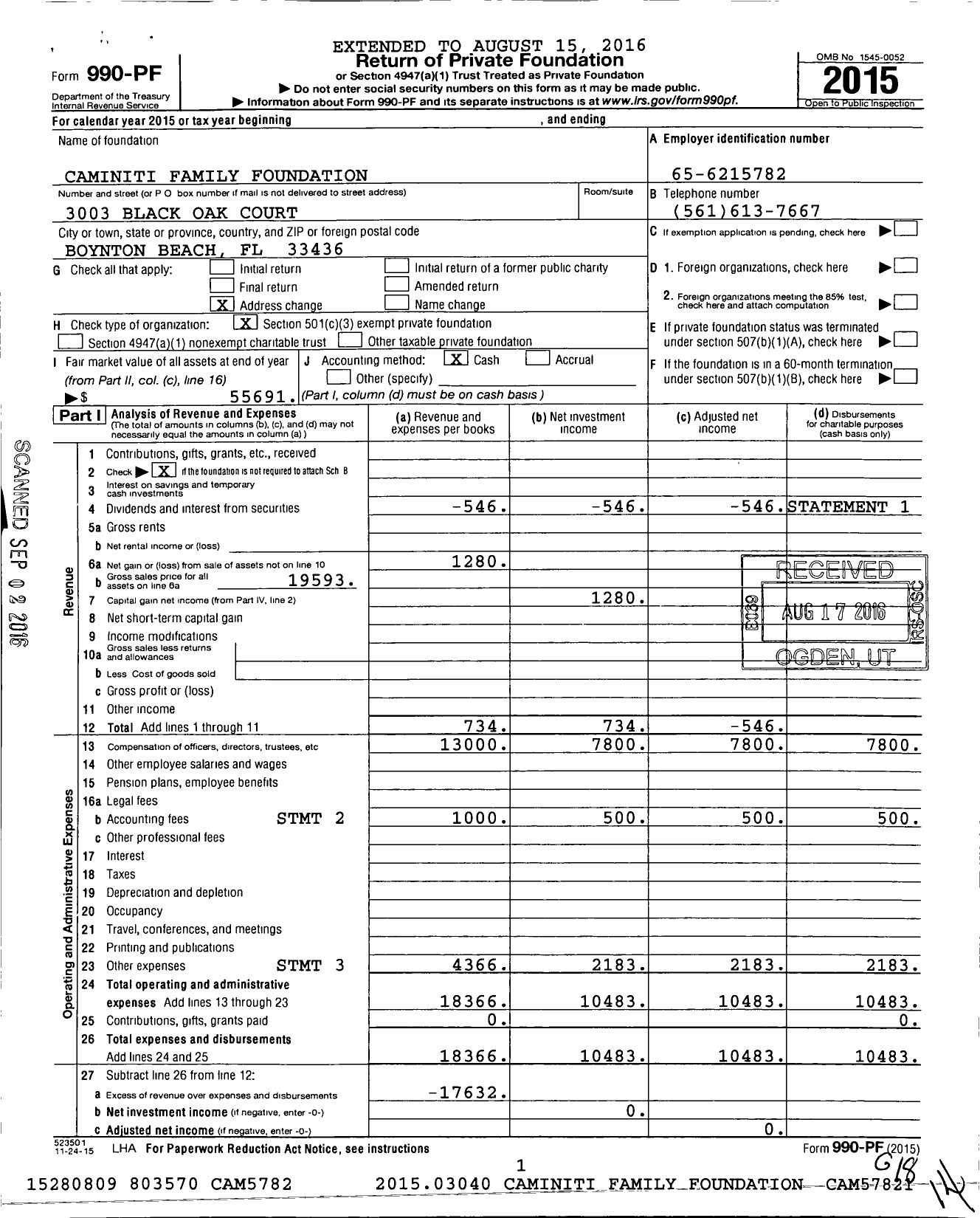 Image of first page of 2015 Form 990PF for Caminiti Family Foundation