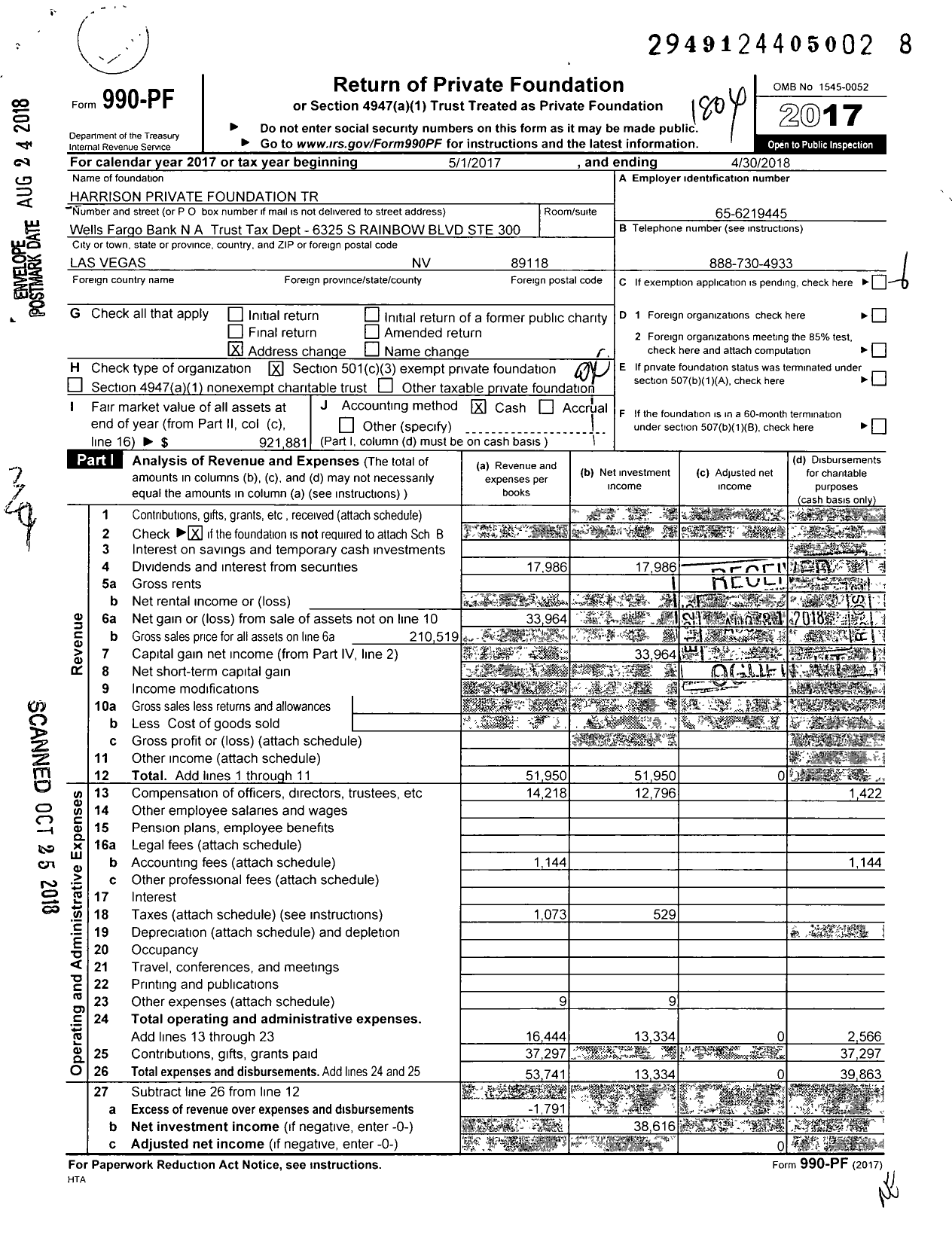 Image of first page of 2017 Form 990PF for Harrison Private Foundation Trust