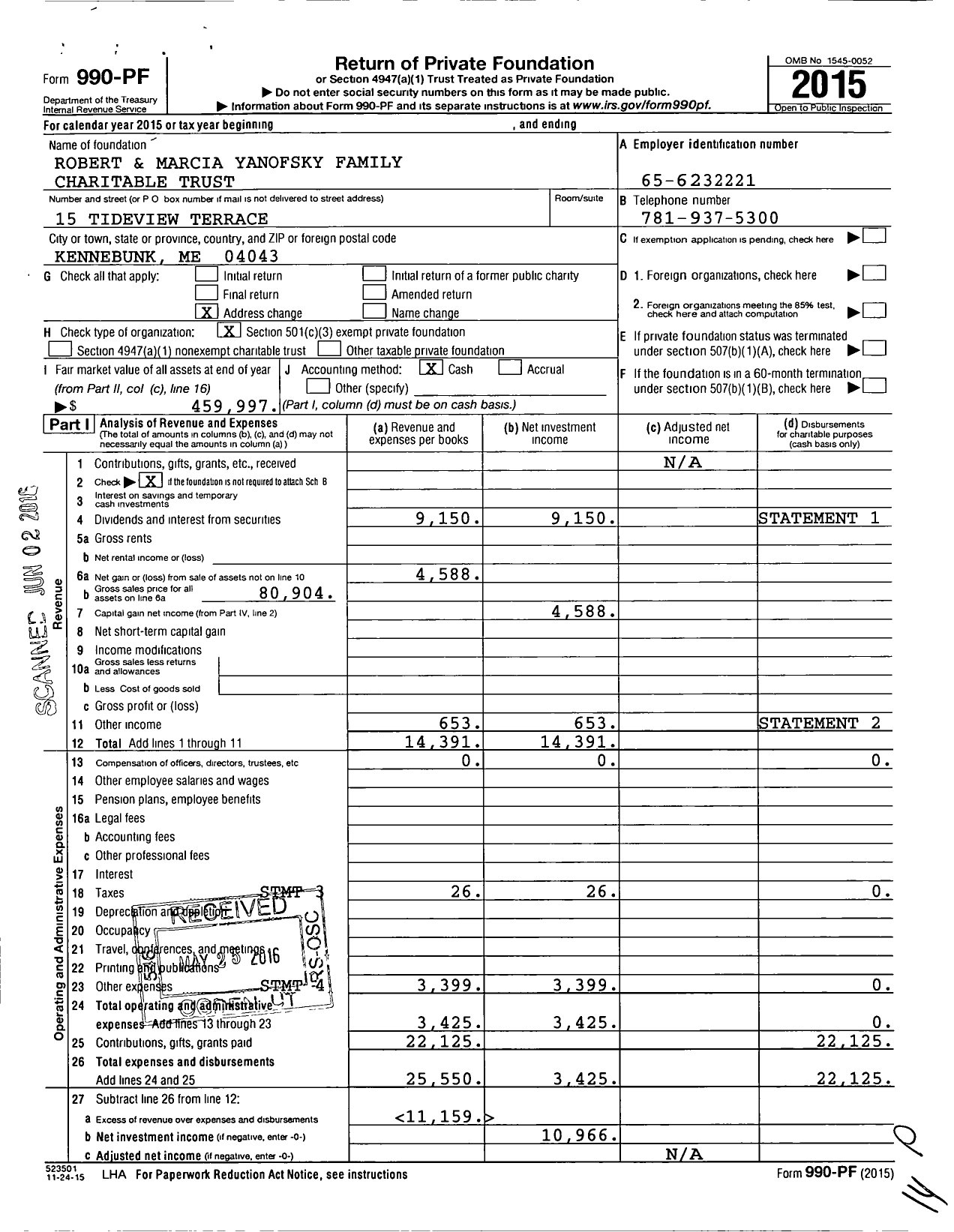 Image of first page of 2015 Form 990PF for Robert and Marcia Yanofsky Family Charitable Trust
