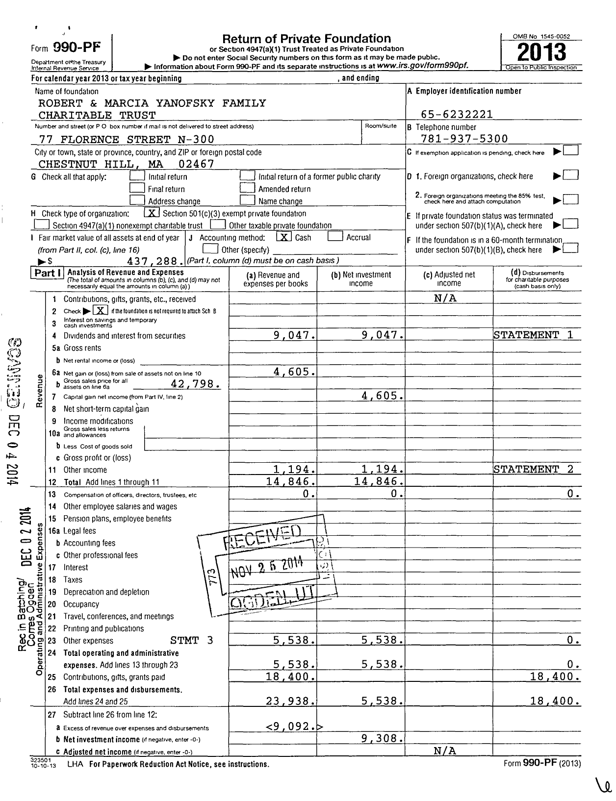 Image of first page of 2013 Form 990PF for Robert and Marcia Yanofsky Family Charitable Trust