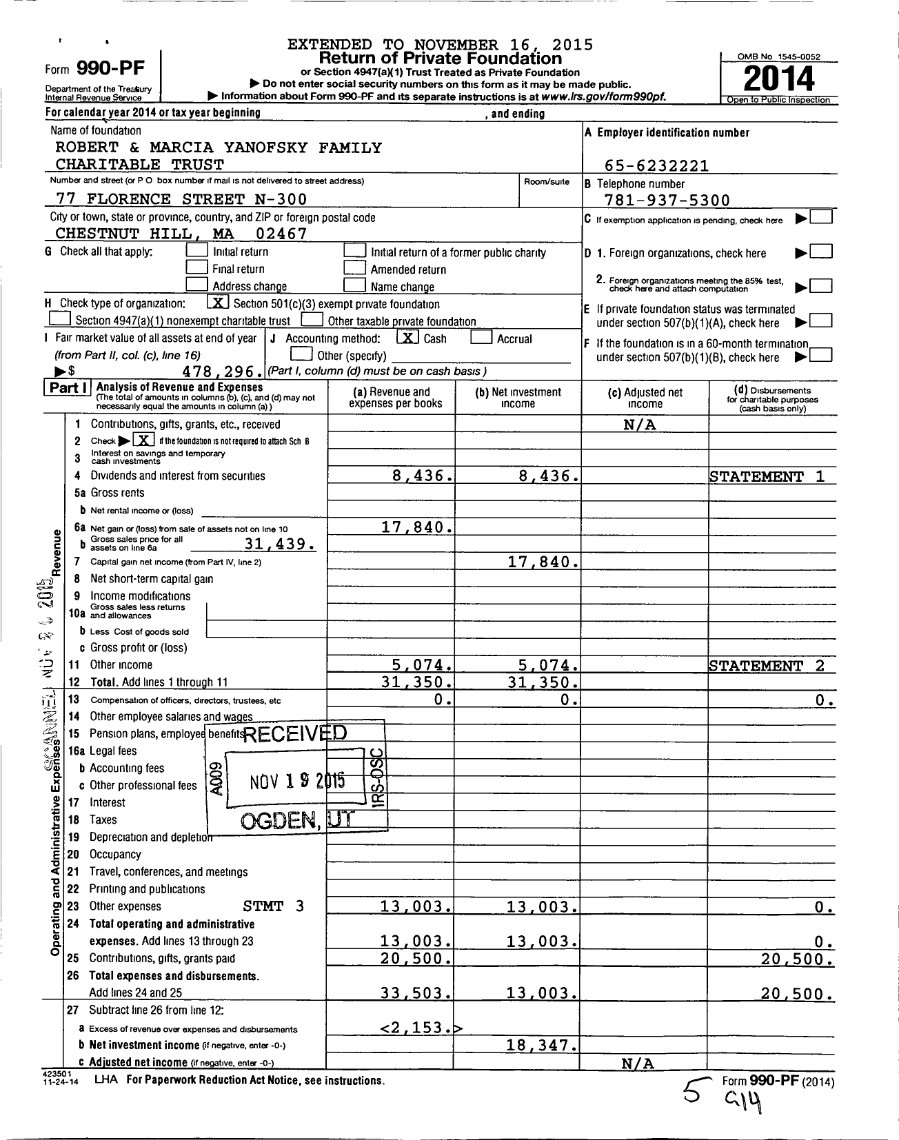 Image of first page of 2014 Form 990PF for Robert and Marcia Yanofsky Family Charitable Trust