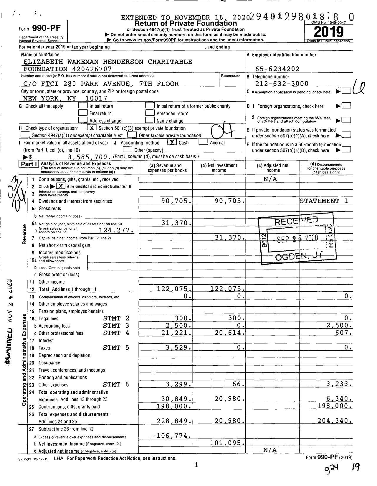 Image of first page of 2019 Form 990PF for Elizabeth Wakeman Henderson Charitable Foundation XXX-XX-XXXX