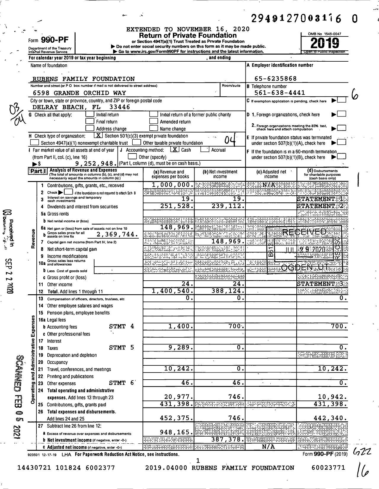 Image of first page of 2019 Form 990PF for Rubens Family Foundation / Rubens Jack Ttee