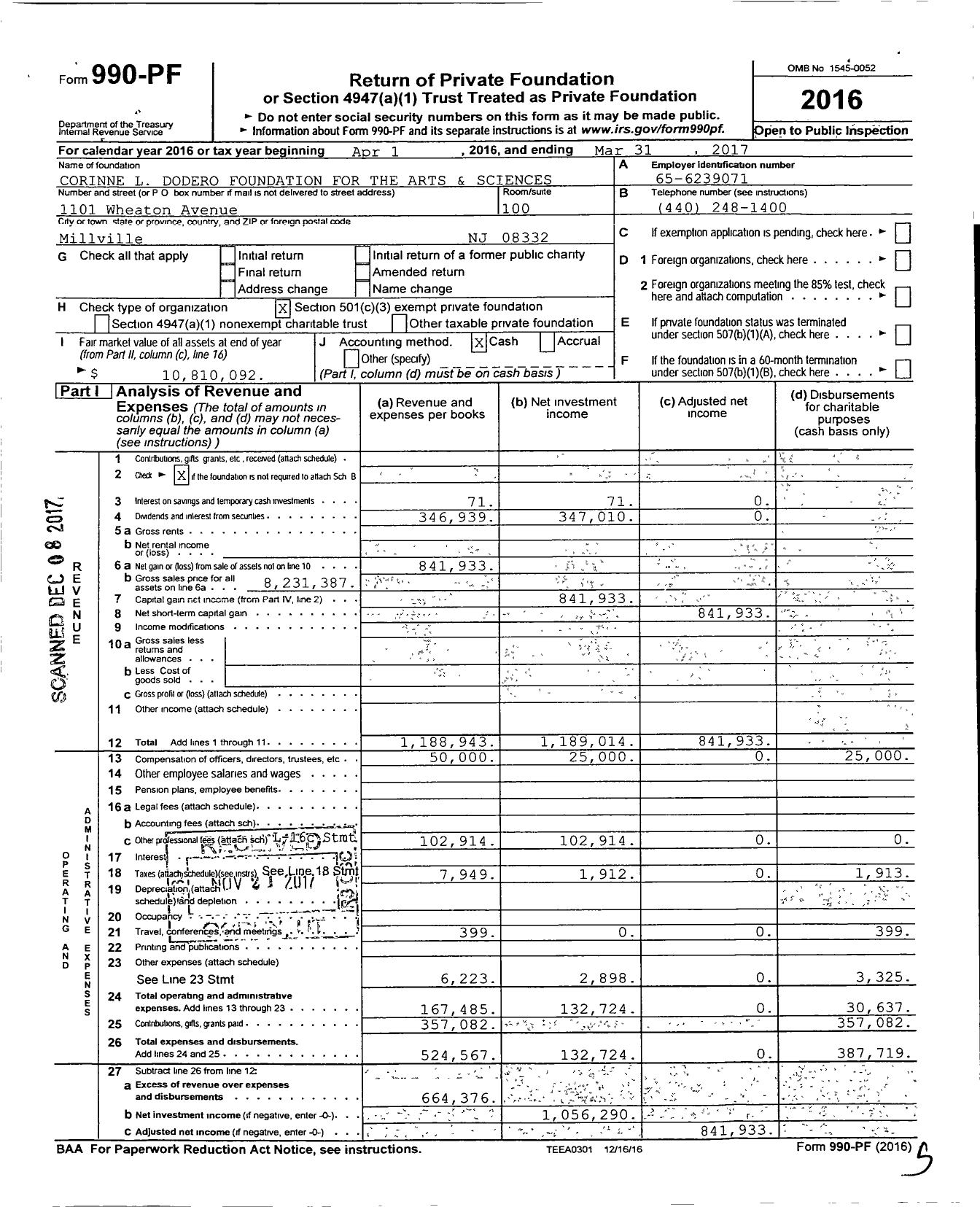 Image of first page of 2016 Form 990PF for Corinne L Dodero Foundation for the Arts and Sciences