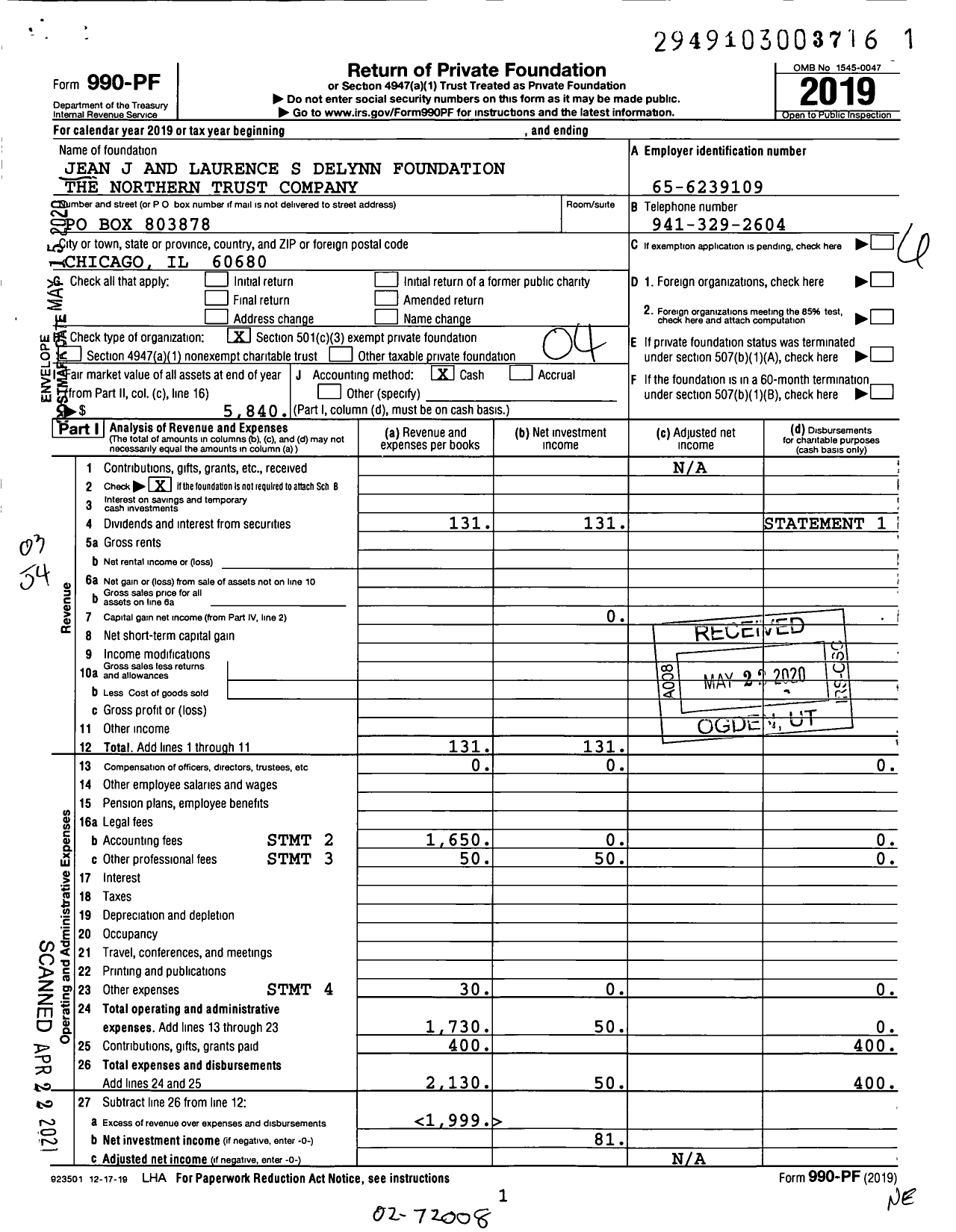 Image of first page of 2019 Form 990PF for The Jean J and Laurence S Delynn Foundation