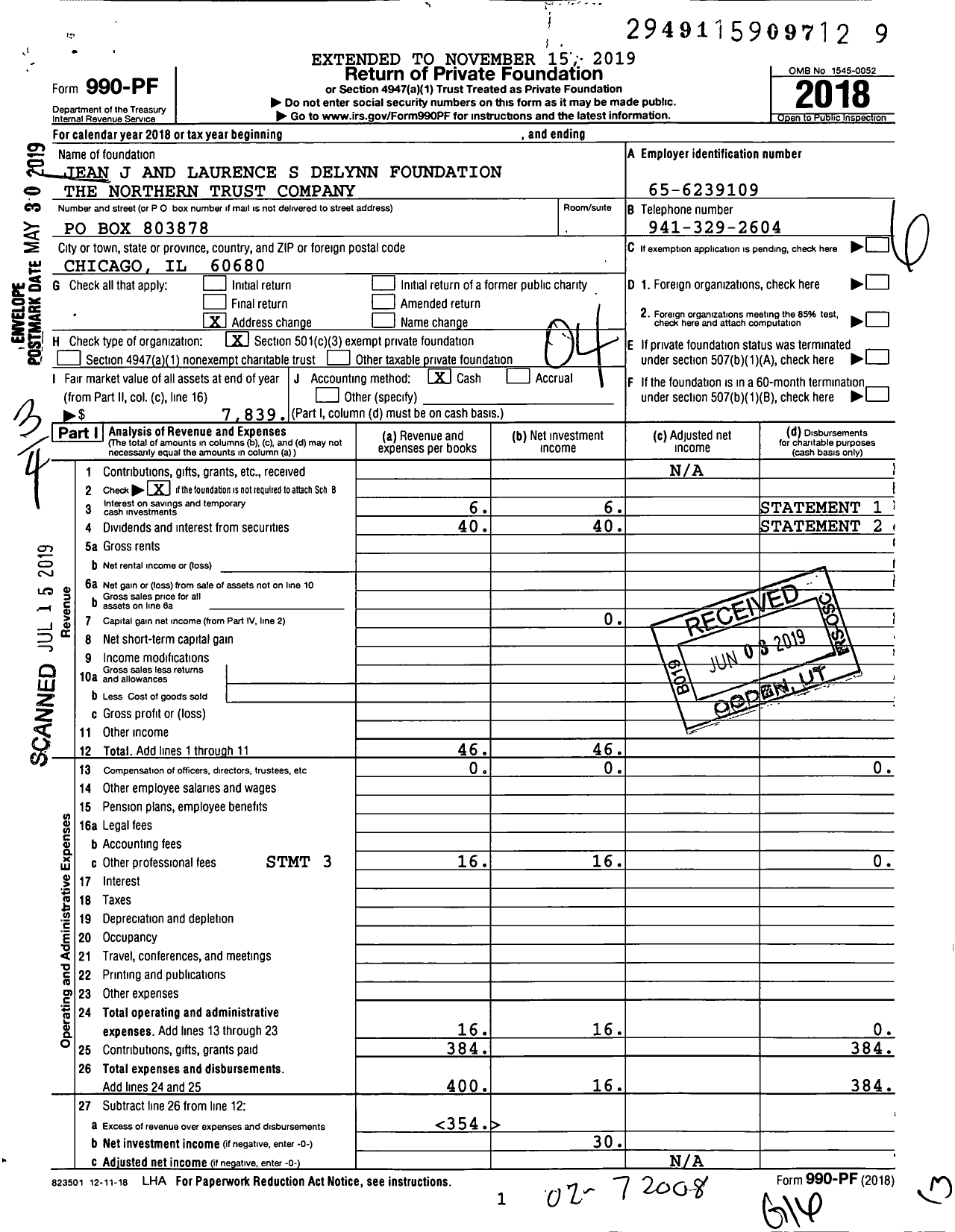 Image of first page of 2018 Form 990PF for The Jean J and Laurence S Delynn Foundation