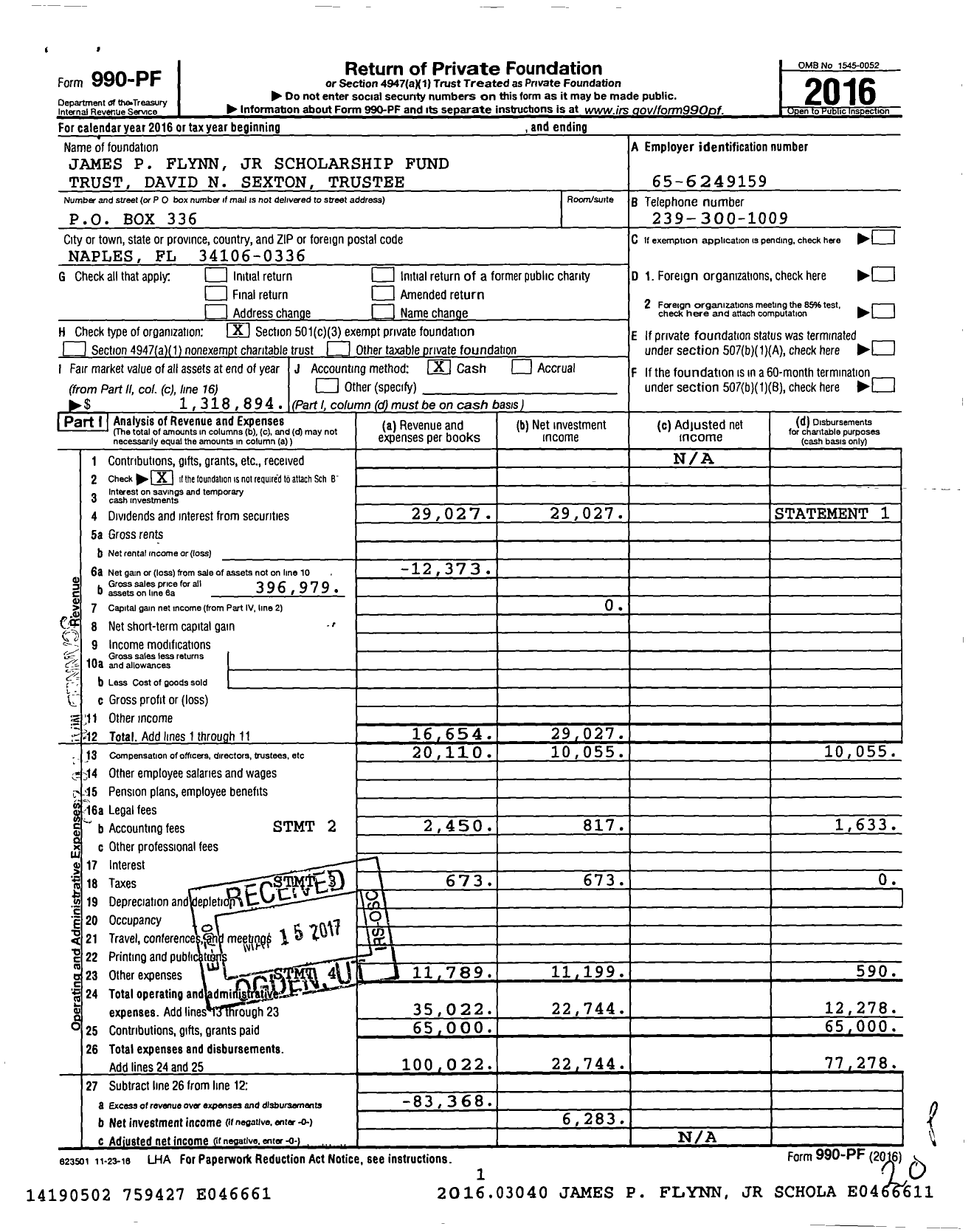 Image of first page of 2016 Form 990PF for James P Flynn JR Scholarship Fund Trust David N Sexton Trustee