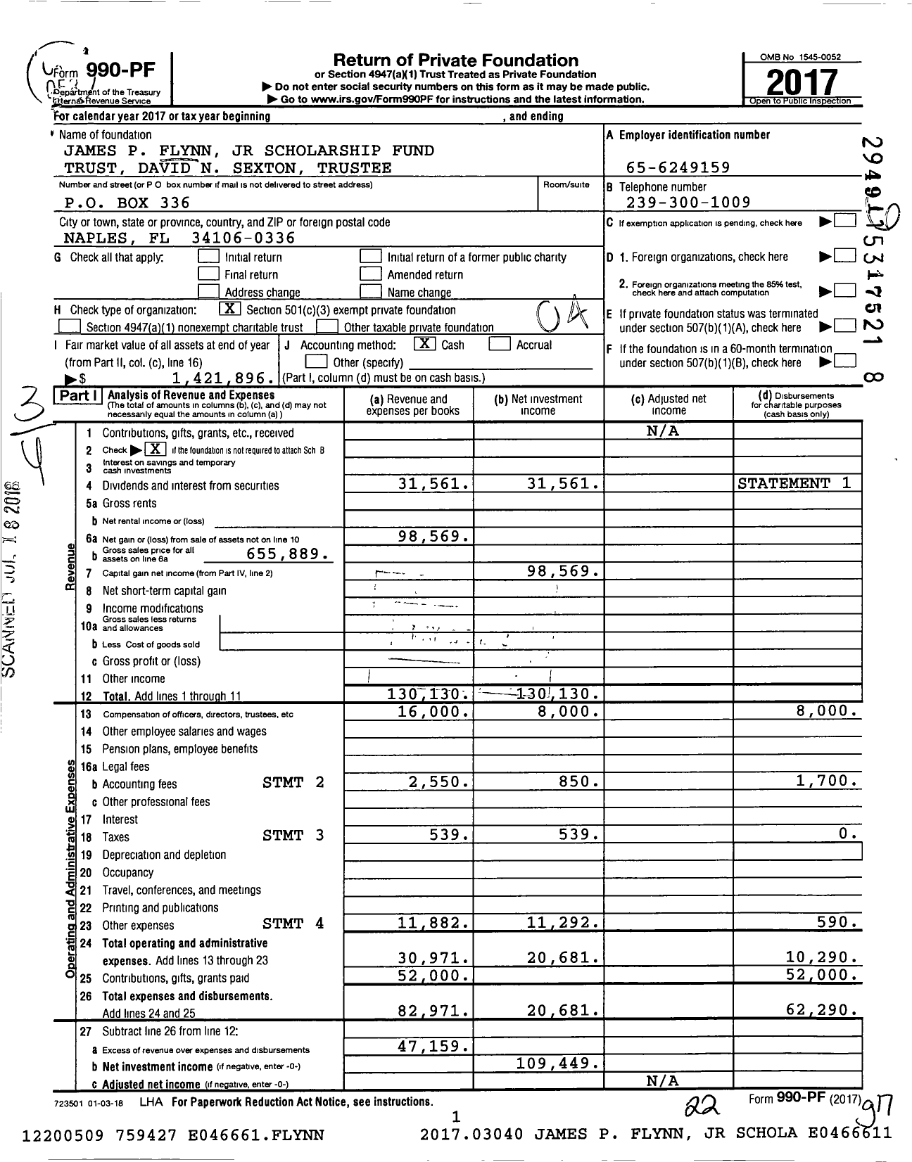 Image of first page of 2017 Form 990PF for James P Flynn JR Scholarship Fund Trust David N Sexton Trustee